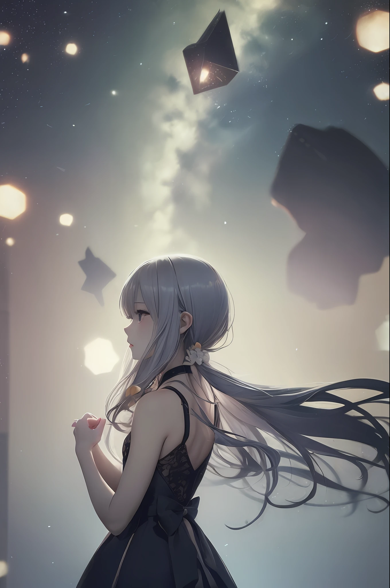 23
(Dark)(a very delicate and beautiful)、(Hand up)(a very delicate and beautiful)、(kosmos)(murky)silhuette、(Star chips)(Background Main)(mournful)(fluffy hair)、(dynamic ungle、portlate)、(Wander)、(Despressing)、Glowing snow-white skin、depth of fields、、、Untidy hair、(posterior view)、(silhuette)、shadowy、
