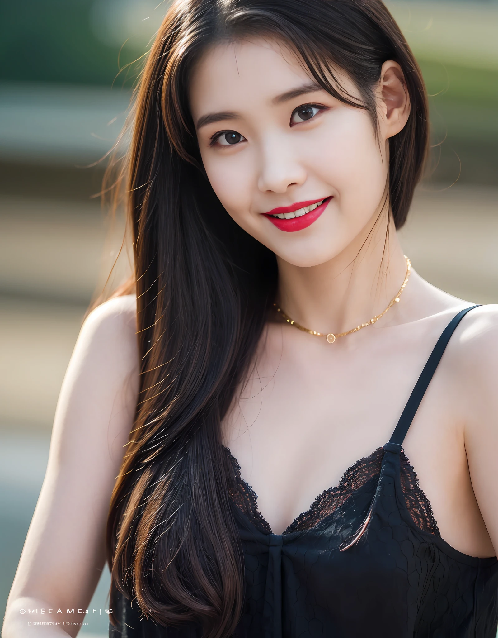 Asian woman with long black hair, Red lipstick, Black lace camisole vest, golden necklace., Light smile, Realism, Cinematic lighting, angle of view, f/1.8, 35mm, Nikon, Masterpiece, hyper HD, Anatomically correct, Textured skin, Super detail, Award-Awarded, Best quality, 8K