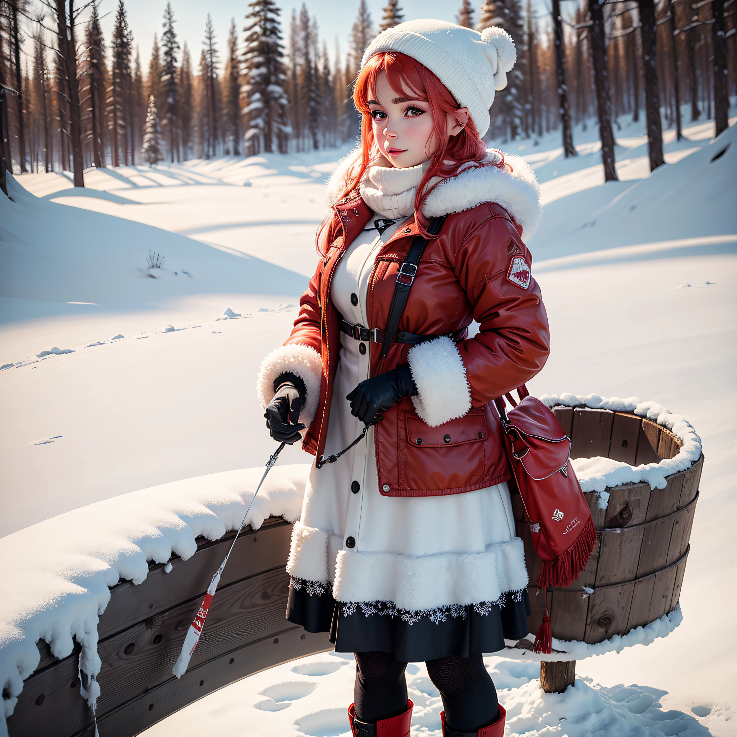 (obra-prima), uma mulher linda com casaco vermelhas botas vermelhas , a sua volta com neve e com uma floresta --auto