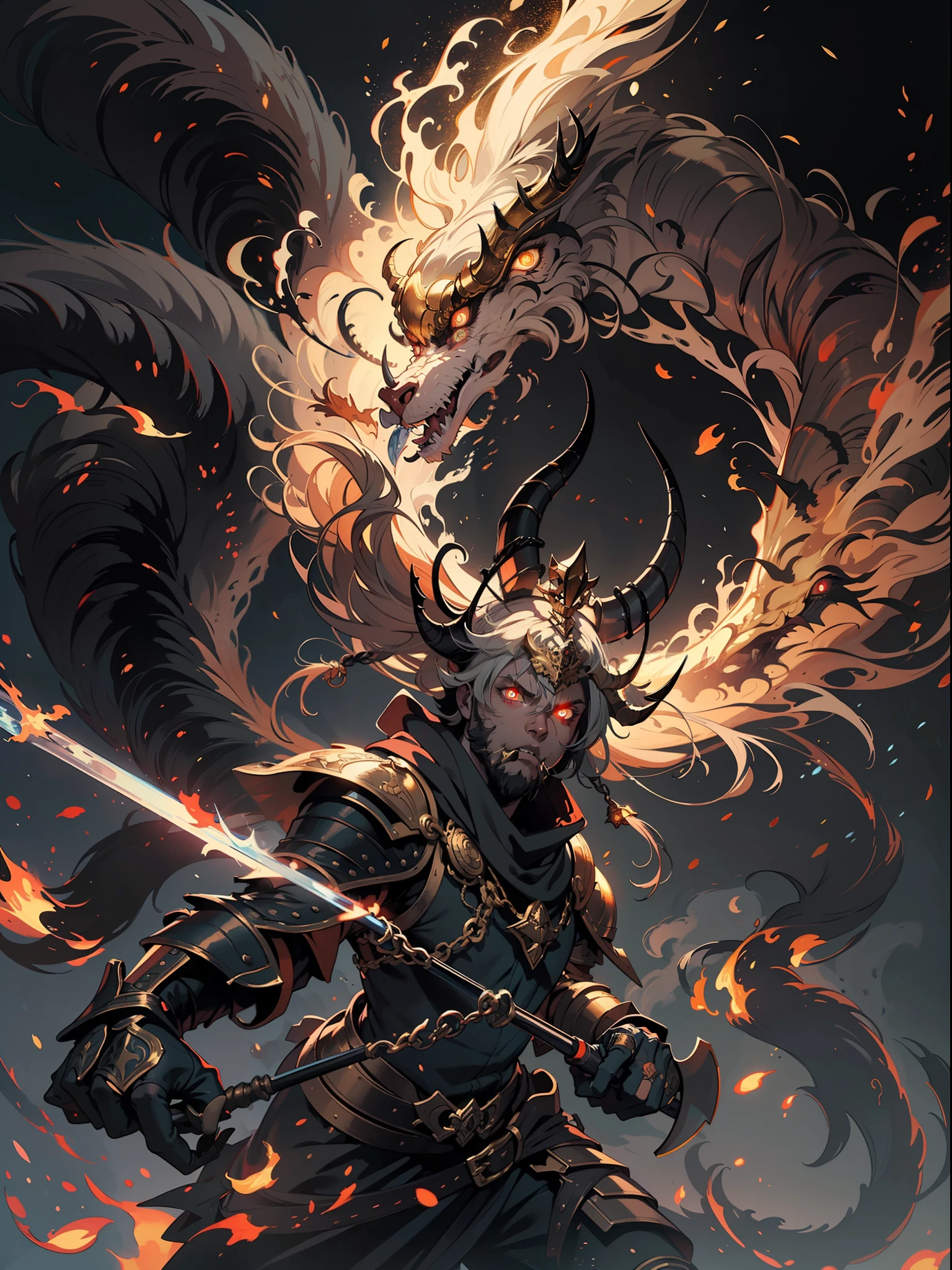 (((Masterpiece))),(((Best quality))),(((Amazing detail))),((illustration)),((8K)),A high resolution,Monkey king,ape,Golden body hair,He wears the horned crown of a cockroach on his head,Golden hoop rod in hand,Golden Hoop Stick,Armour,Mechanical armor,Inhibitions,Fire Eye Golden Eye,unreal-engine,Dark style,realisticlying,Rich texture,Step on the clouds,Chiaroscuro sharp teeth,Angry eyes,Teether,eyes glowing,The light is dim,overcast day,smoke from mouth,dark fantacy,Dimly lit,Black atmosphere,emphasis on color noir,Photorealistic painting art,Intricate pattern,dynamicposes,Guviz