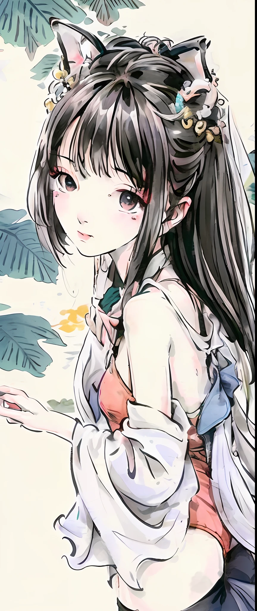 ((4k,masterpiece,best quality)), shuimobysim, Chinese painting, lotus, hanfu, maxiskit, dressed conservative 1 girl, solo, white hair, long hair, fox ears, white, bikini, fish, many fish close to the girl, looking at the audience, teasing