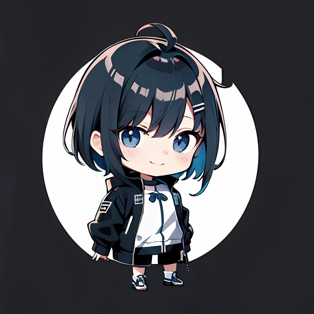 超A high resolution, Best aesthetic, Top quality depiction of the foot, put on a jacket,  Black and blue hair on the back, Flat Avatar,  Anime visuals of cute girls, Cute art style, Chibi,  Shorthair, Ahoge, is shy, A smile, hair adornments, simple background, 耳环, jewely, side locks, large oval eyes,