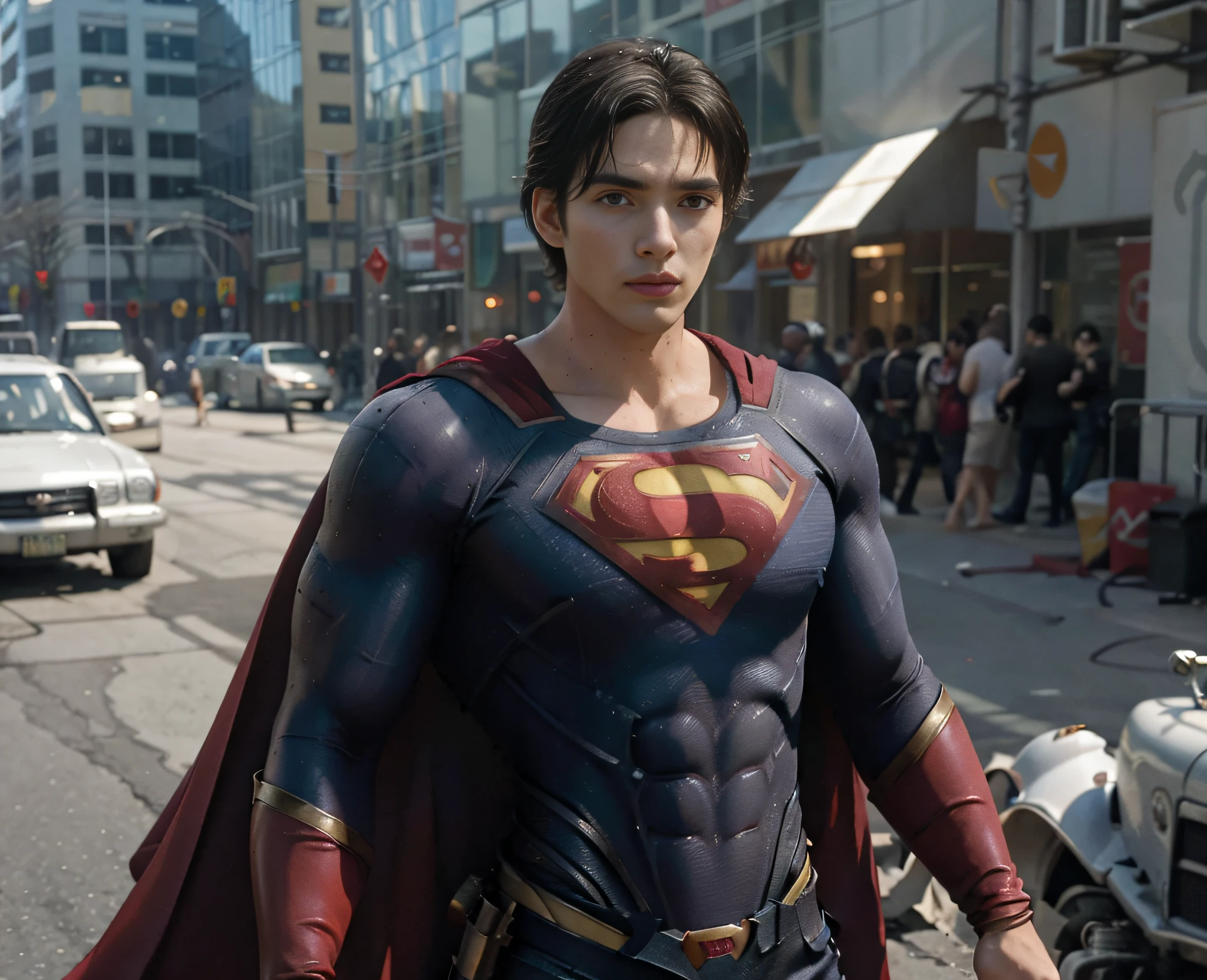 "Superman realista | Estilo de arte realista | epic background | heroic pose | Defined muscles" | ocidental | 40 anos
