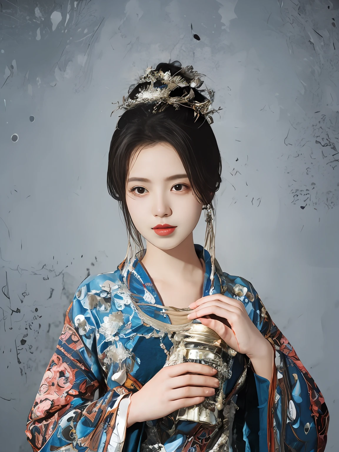 an illustration of a woman in traditional chinese costume, in the style of anime aesthetic, 32k uhd, blink-and-you-miss-it detail, beautiful, anime-inspired characters, beige and aquamarine, close-up,