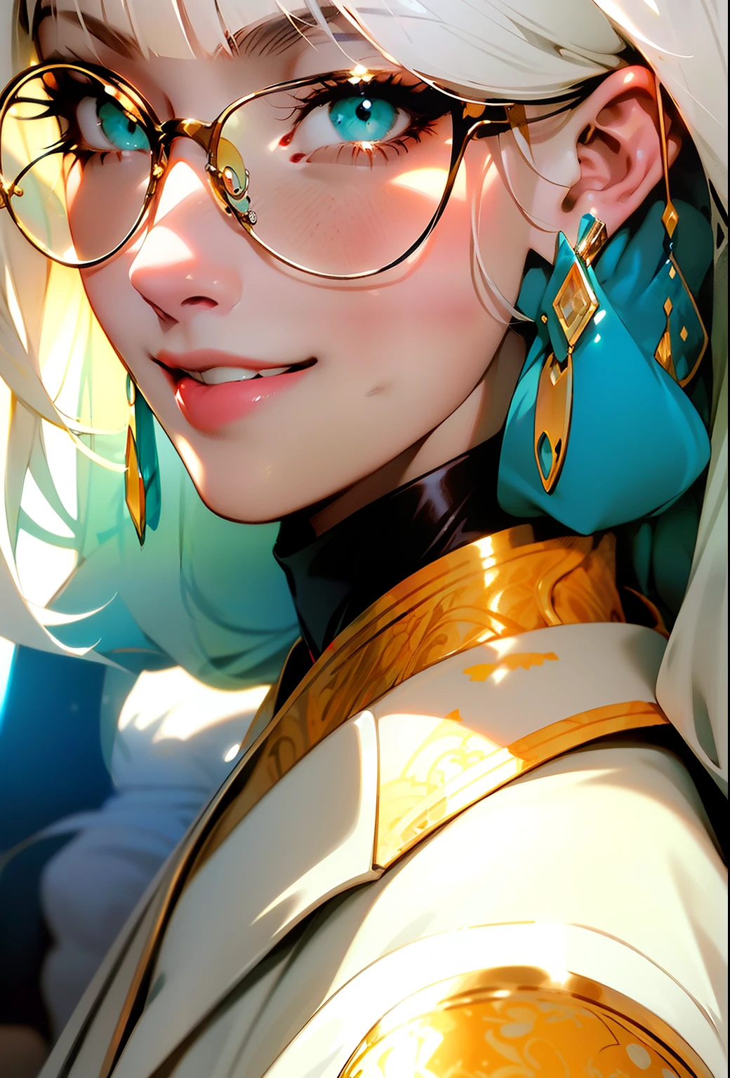 Portrait of a girl's face, Brain Froude, Charles Vess, Yoji Shinkawa, in office, epic composition, ((beatiful face)), Long white hair with straight bangs, crazy smile, (Formal attire), a handsome female, ((Azure Eyes))