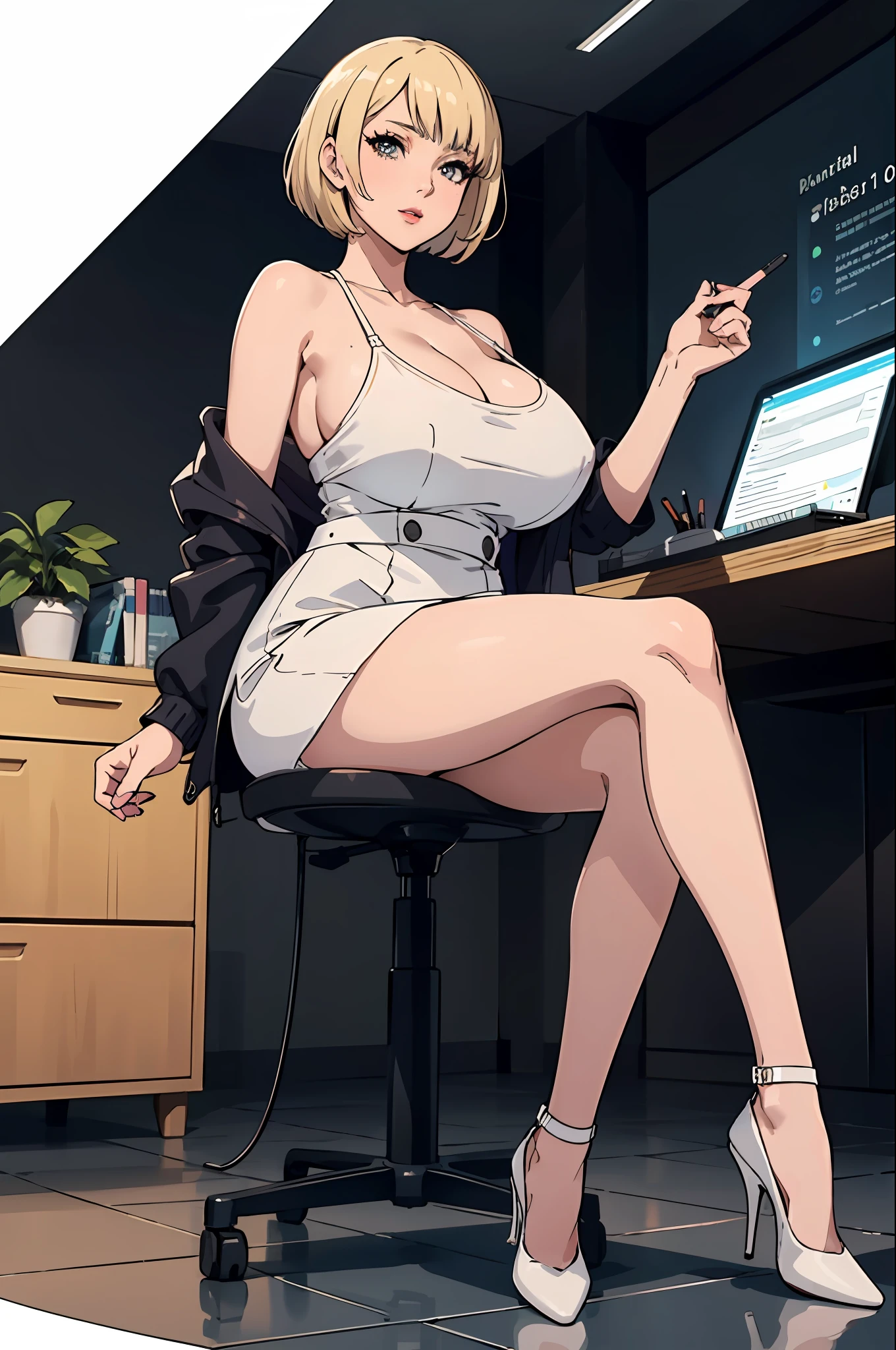 (natural makeup, big tits, seductive, motherhood, at_the_CEO_office, looking at the audience, sexy, full body, CEO lady, (mature woman, milf: 1.1), solo, (curve: 1.1), milf, modern office background, high heels, blonde hair, bob haircut, nfsw, stand, white tube dress, white short skirt, closeup face, absolute tube top,