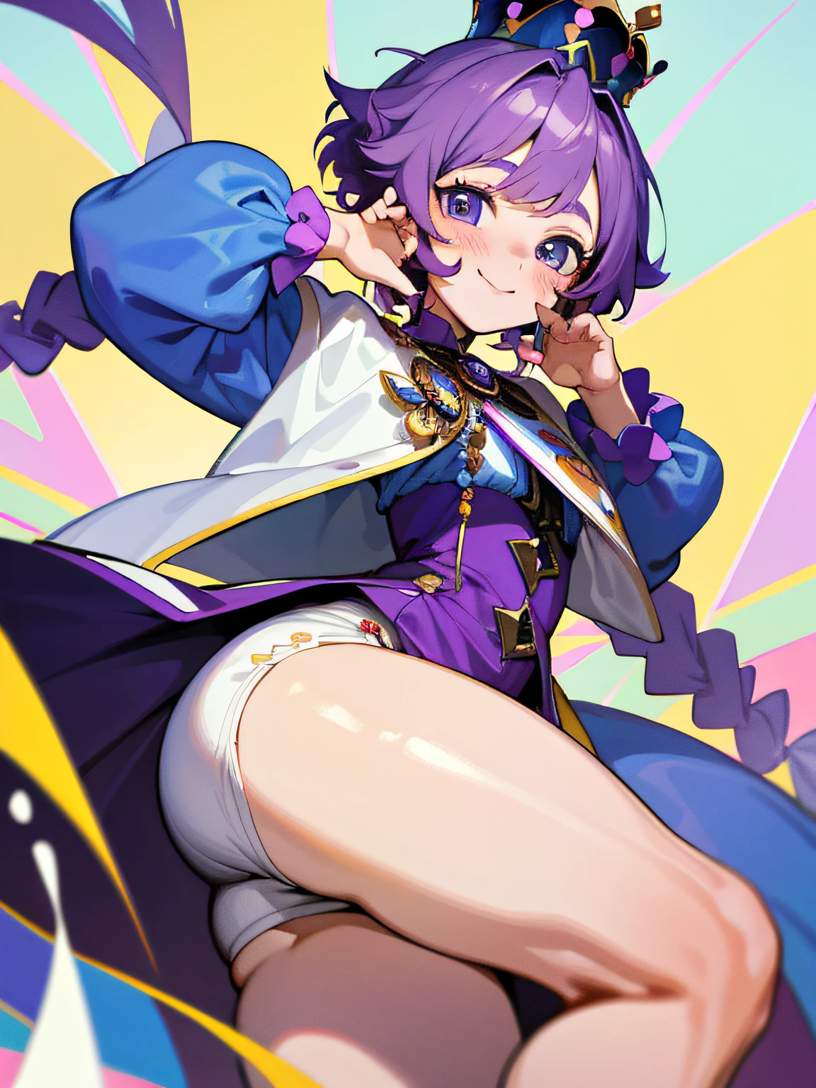 ((masterpiece, best quality)), 1boy, solo, femboy, thick thighs, prince, purple hair, single braid, crown, smile, flustered, wide eyed, android, crown, short hair, big eyes, puffy shorts, blush, lust, cum on clothes