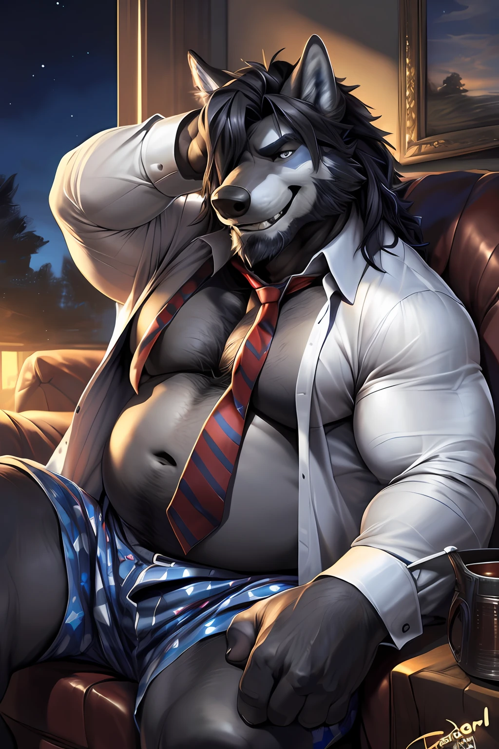 (by narse, by null-ghost, by darkgem, by personalami) older male,old chubby wolf, (Black fur:1.2),(dark gray hair, hair over eye:1.3),(gray facial hair:1.2),(hi res, best quality, high quality, detailed, shaded, shading, masterpiece:1.2), detailed eyes, detailed clothing, smirk, seductive smile, hairy chest, lying in sofa, indoors, night,(blue stars pattern oversized white loose_boxers:1.3), (white Open shirt:1.2), (red striped necktie removed:1.2),(posing),full body,(wolf tail)