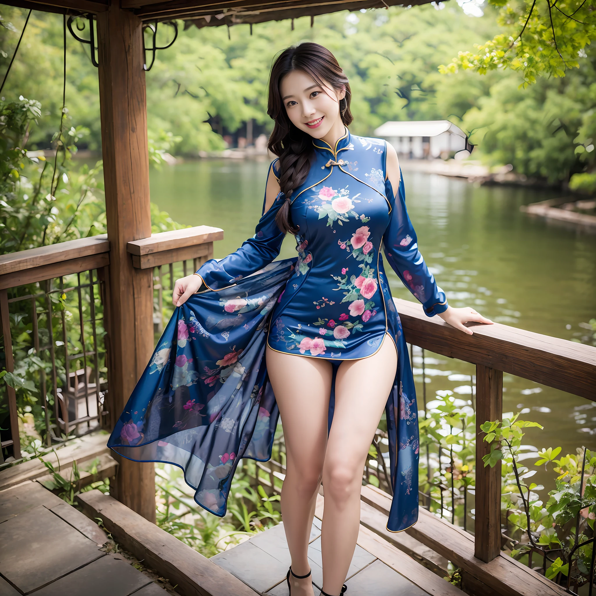 (top-quality、masterpiece:1.2)、portraitures、Tied hair、full body Esbian、Colossal tits、Happy smile、in a house、A 25-year-old woman named Yiping:、Dark blue cheongsam、luxury fabrics、Lake in the background、the same character、different costume、Different Angle、Back lighting:1.5、More on rich skin:1.5、