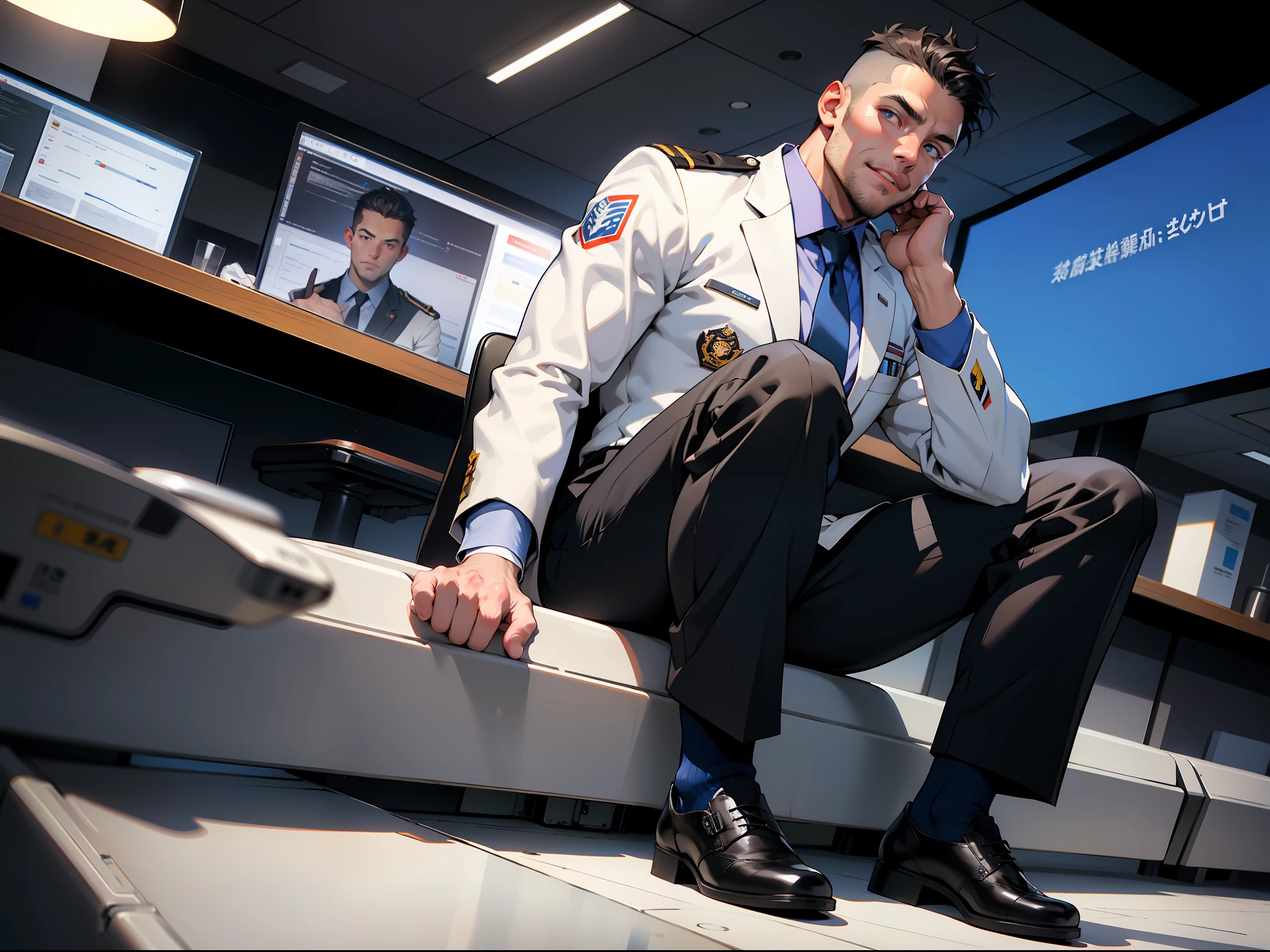 masterpiece, best quality, face, natural eyes, 1man, big feet, black socks, full body, (in suits), large bulge, long legs, looking at viewer, 30 years old, muscled and mature, pilot, pilot in uniform, short haircut, a pilot sitting on the desk with legs stretched, in the airport Office, blue eyes, flush, organism, face covered with white fluids, sweating, tight cloth, erecting