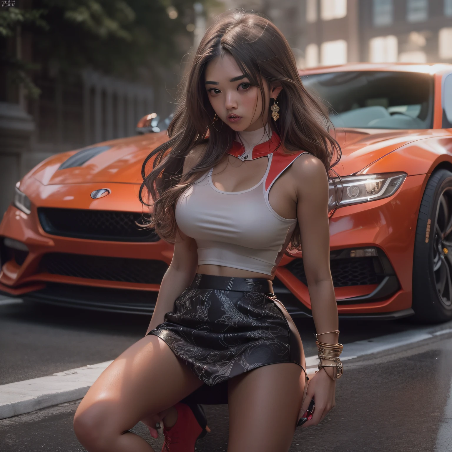 (The best quality illustrations:1.2), (Ultra-detailed:1.2), Very beautiful scenery, the panorama, Bright red sports car, Woman leaning against car,(masutepiece:1.4), (absurderes:1.4), ((hight resolution)), ((Best Quality)), ((ultra-detailliert)), (Hyper Detailed), (incredible detailed), ((Good anatomy)), (nffsw), (8k cg wallpaper), One Woman, (tight skirts:1.5), Dark skin, thighs thighs thighs thighs, (feeling of disgust,angry:1.2), Gradient Long Hair, dynamic angle,Analog 150mm lens、Beautiful Natural Soft Rim Light、