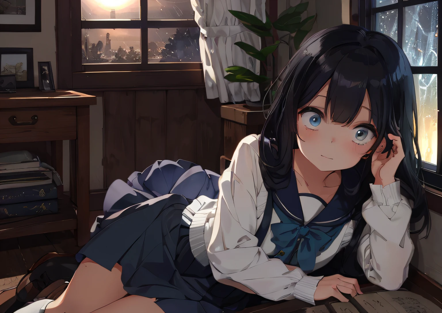 masterpiece, best quality, ultra-detailed, illustration, an extremely delicate and beautiful, cute, girl, energetic, active, anime, 1girl, cute, soft lighting, black hair, labyrinth, Mysterious world, Alice, night, rain outside the window, lanthanum, search, adventure, run away, chased, woman with black hair and blue eyes, dark blue colored skirt