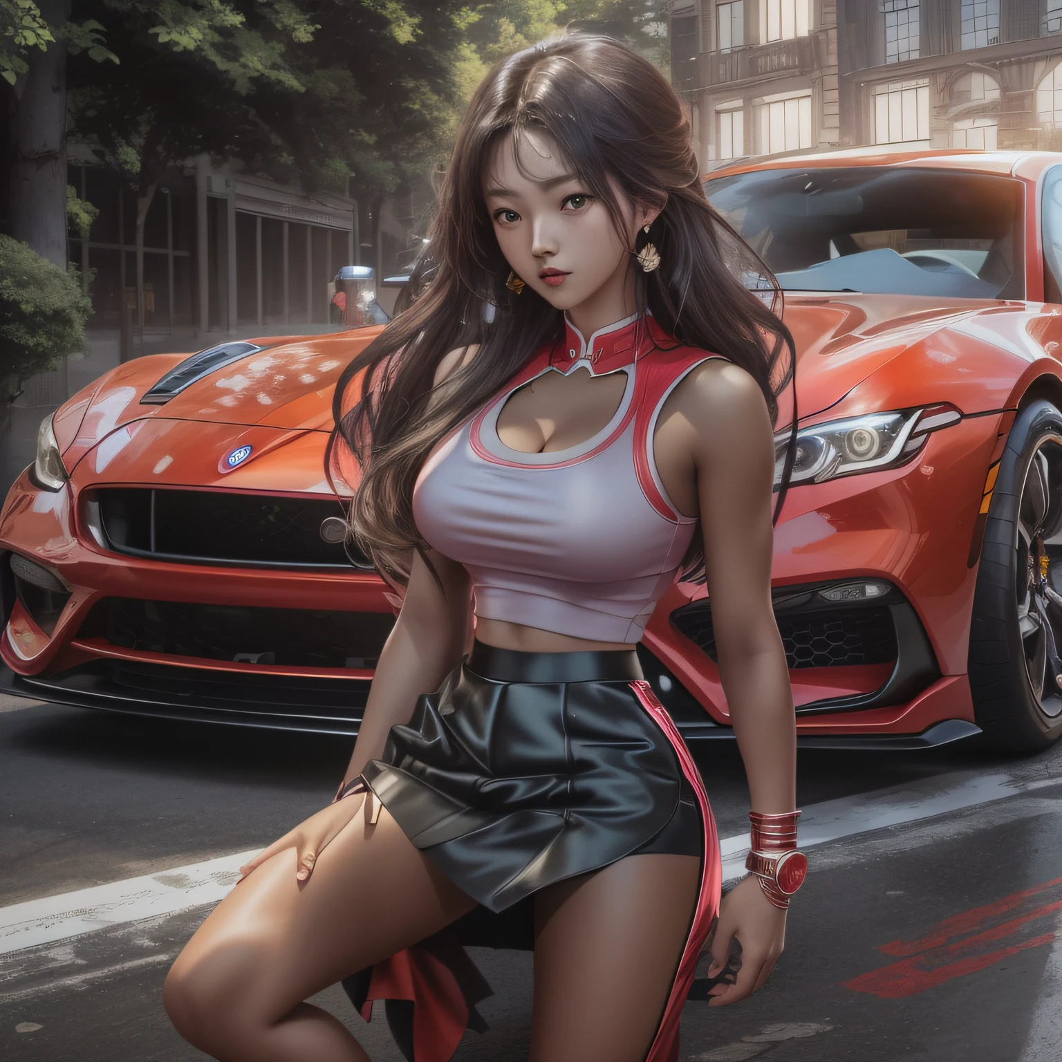 (The best quality illustrations:1.2), (Ultra-detailed:1.2), Very beautiful scenery, the panorama, Bright red sports car, Woman leaning against car,(masutepiece:1.4), (absurderes:1.4), ((hight resolution)), ((Best Quality)), ((ultra-detailliert)), (Hyper Detailed), (incredible detailed), ((Good anatomy)), (nffsw), (8k cg wallpaper), One Woman, (tight skirts:1.5), Dark skin, thighs thighs thighs thighs, (feeling of disgust,angry:1.2), Gradient Long Hair, dynamic angle,Analog 150mm lens、Beautiful Natural Soft Rim Light、
