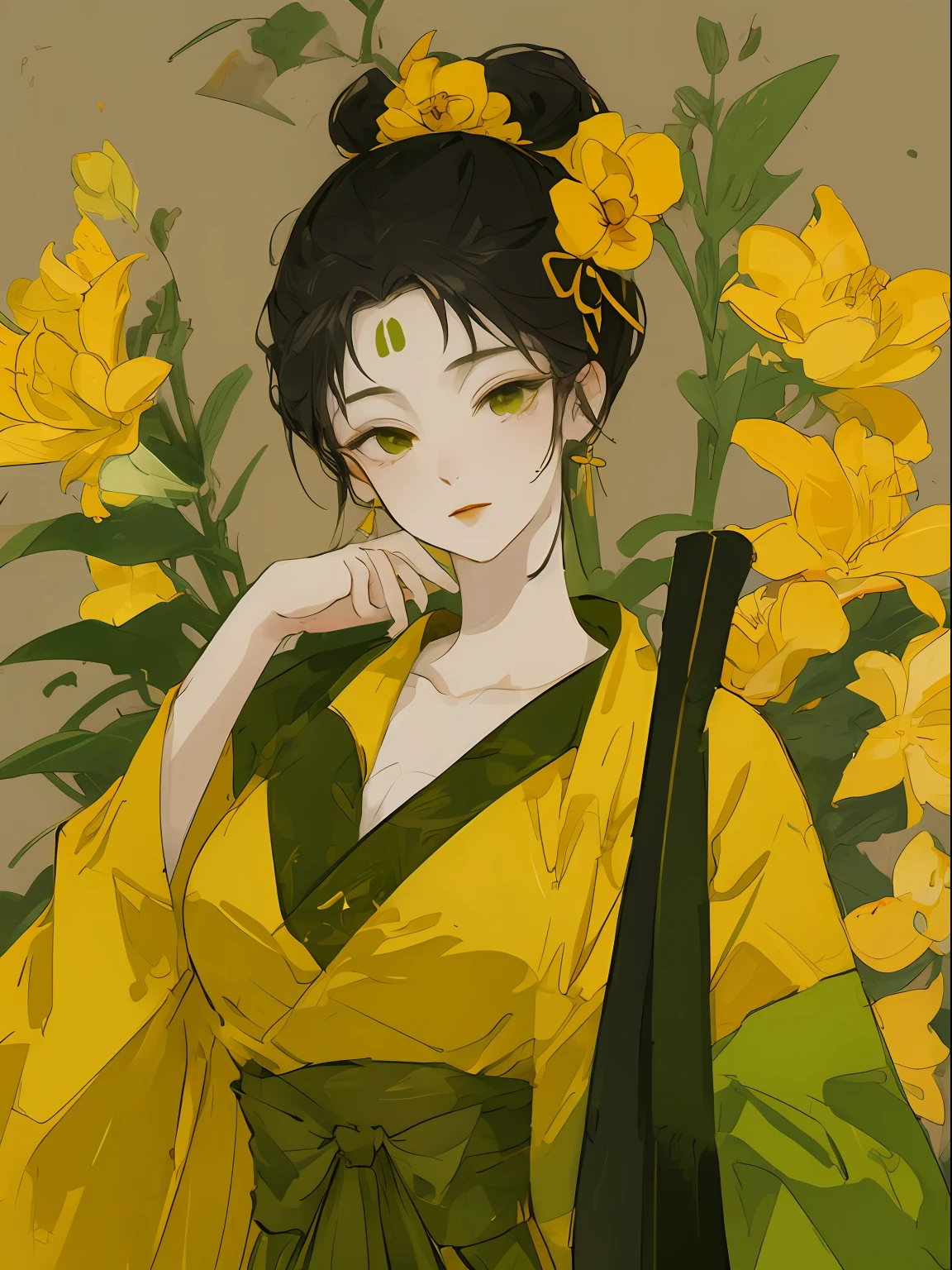 one-girl， Ancient Chinese costumes embroidered in green and yellow， full bodyesbian， rays of sunshine， Clear face， Clean white background，florals， tmasterpiece， super detailing， Epic composition， hyper HD， high qulity， extremely detaile， offcial art， Uniform 8K wallpaper， super detailing， 32K