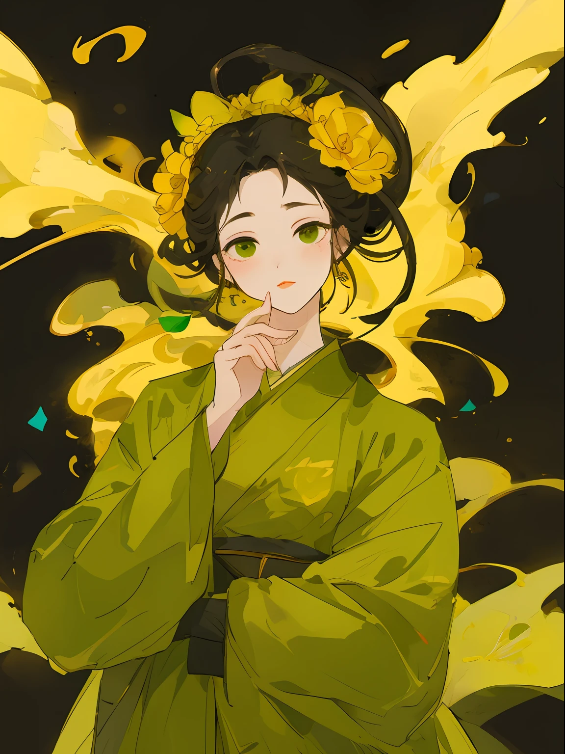 one-girl, Ancient Chinese clothing embroidered in green and yellow, full bodyesbian, rays of sunshine, Clear face, Clean white background,florals, tmasterpiece, super detailing, Epic composition, hyper HD, high qulity, extremely detaile, offcial art, Uniform 8K wallpaper, super detailing, 32K