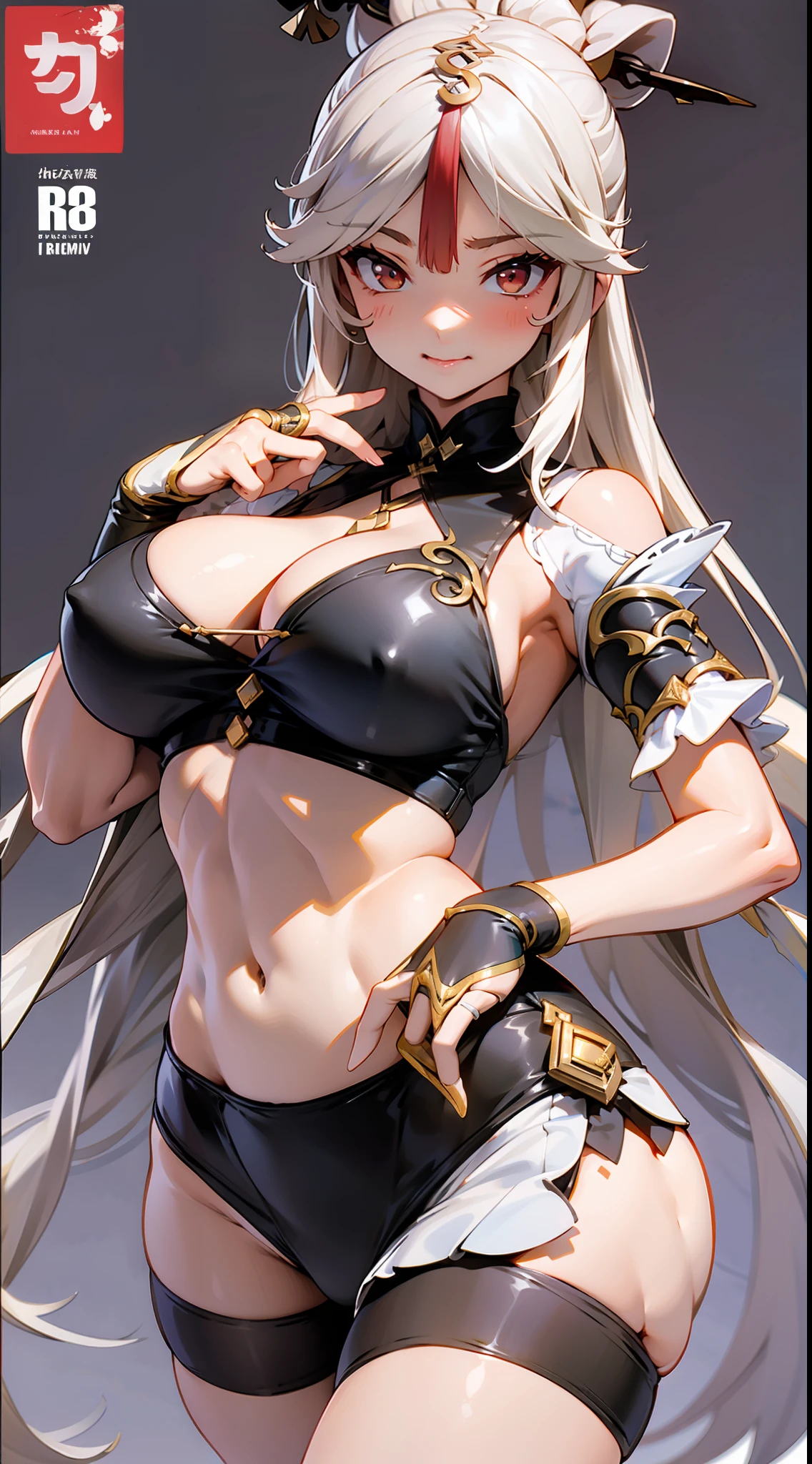 ningguang(genshin impact),Pure white premium comic background,Expose abs,Slim figure,cropped shoulders,huge tit,Clothes open,The upper body is short sleeves,White dress at the bottom,Mesh garment,Cocked buttocks,Fleshy thighs,Below the waist are mesh stockings,Masterpiece,Comic cover style,Comic title,hyper-detailed face,Deep rendering