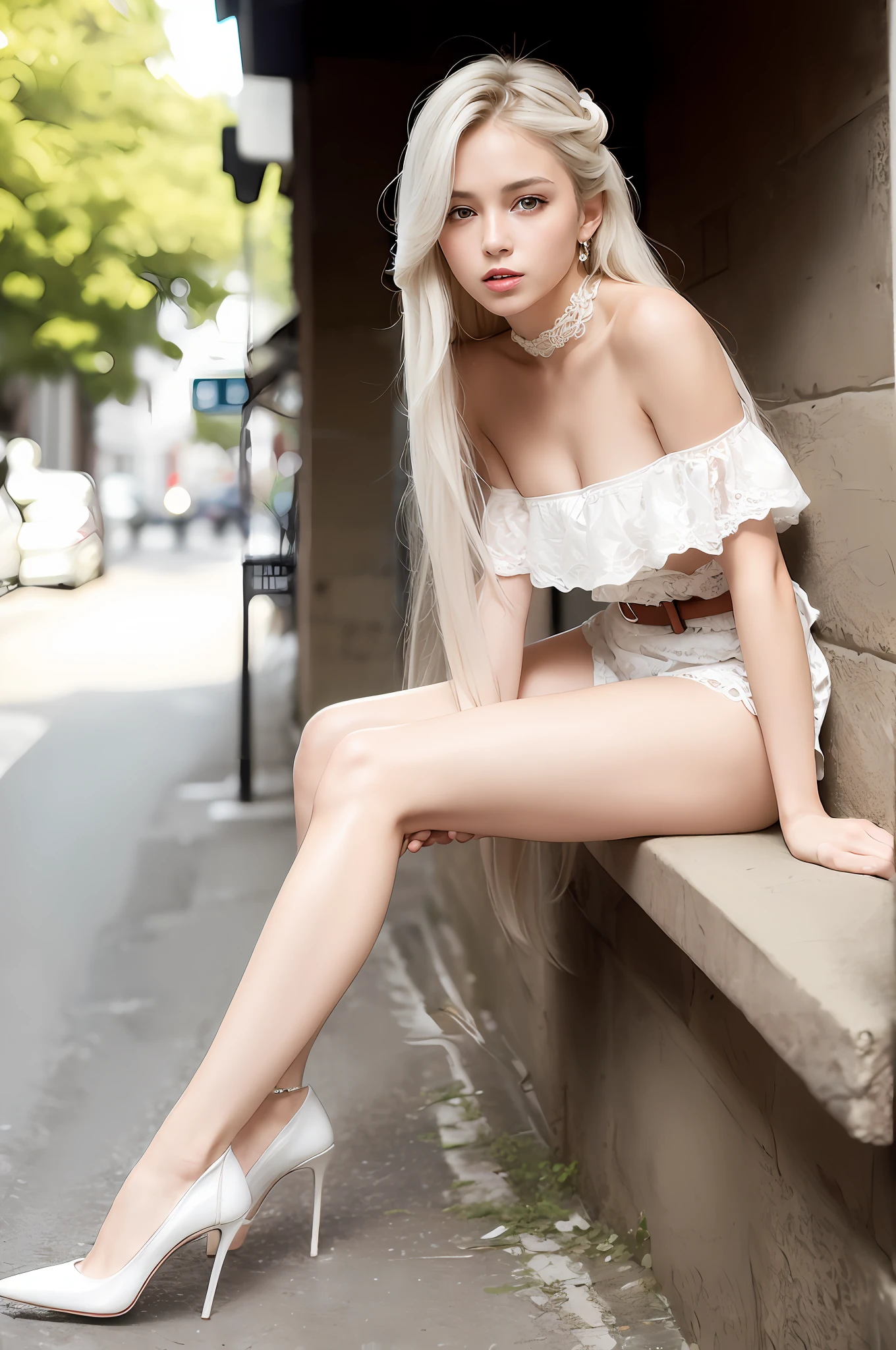 NSFW, front angle, (8k, best quality, masterpiece:1.2), (realistic, photo-realistic:1.37), ultra-detailed, 1 girl, looking at viewer, beautiful detailed sky, detailed cafe street, sitting, full body, small head, intricate choker, (pretty legs:1.2), (long legs:1.2), slim legs, (high heels:1.3), (bare legs:1.4), medium breasts, high-waist, narrow waist, off-shoulder, belt, short bottoms, beautiful detailed eyes, daytime, warm tone, white lace, (long hair:1.4), silver medium hair, white skin, cinematic light, street light,