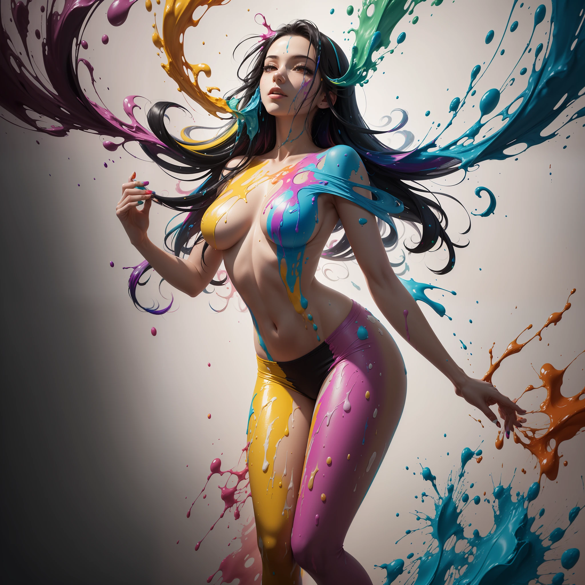(masterpiece, high detail, high resolution), a woman floating in the air, colourful thick paint bursting from her in all directions, full body shot, colourful paint raining, (thick rainbow paint hair: 1.8), sensual painting, paint raining on her, small hip, (small breasts and small butts: 1.9), slim body, full body view, ((no floor, black background, no background))), breasts covered with paint, sfw, calm facial expression, relaxed, ((clothes made of liquid paint, no clothes)), detailed, (volumetric paint explosions, vibrant colours, level difference detail)