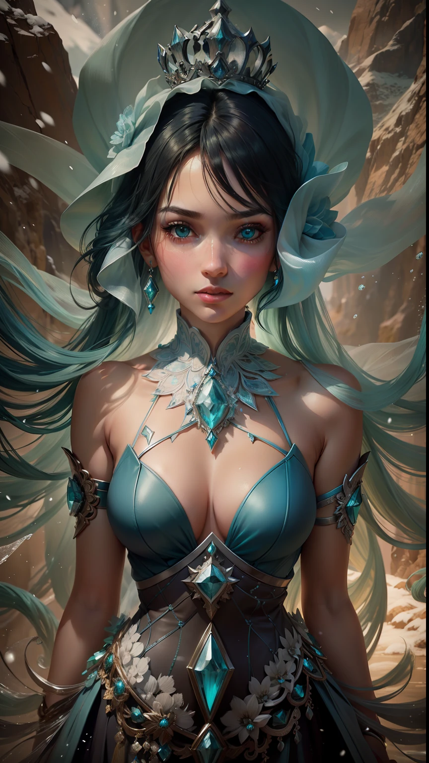 dynamic pose, ice dress, body shot, crown of ice flowers, long shot, cute translucent water ice queen woman, dynamic pose, full head-to-toe shot, full body shot, perfect detailed face, detailed symmetric blue-green eyes with circular iris soft natural lighting, symmetrical, natural skin texture, soft lighting, detailed face, photorealism, soft pastel colors sparkling, looking into the camera, photorealistic painting, sharp focus, 8k, perfect composition, trending on artstation, award-winning photograph, unreal engine 5, cinematic smooth, intricate detail, studio photo, highly detailed. simple mountain snow background. blue green hair, blue-green eye brows, transparent ice skin, dynamic profile pose, winter Boquete of ice flowers, flowing silky water-ice dress. --auto
