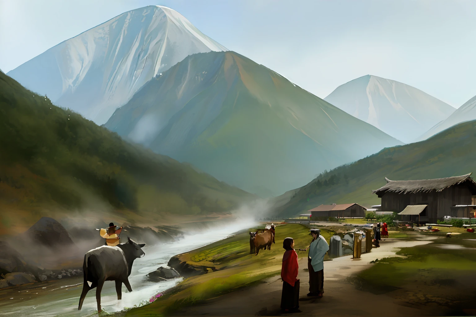 Big Mountain，There are waterfalls in the mountains，Waterfalls form rivers，There are thatched houses by the river，There are people fishing by the river，In the meadows in the distance, there are shepherd children herding cattle