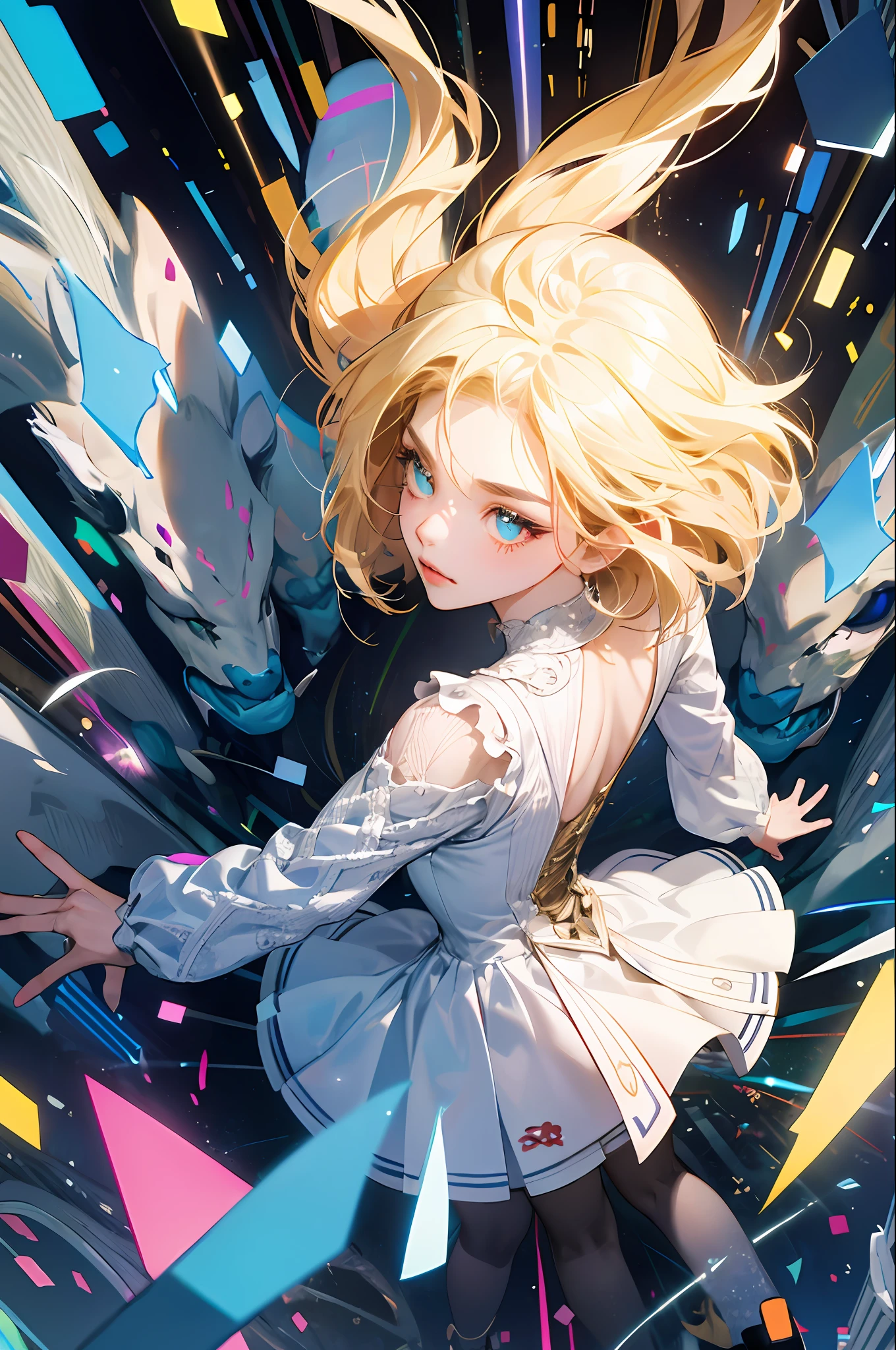 absurderes, A high resolution, ultra - detailed, 1girl,Turn your back and turn around,AS-Adult,serious, 独奏, Extremely detailed eyes, Ultra-precise depiction, Ultra-detailed depiction, (zentangle:1.2), (dynamicposes), (abstract backgrounds:1.5), (Three dresses:1.2), Short platinum blonde hair, (shiny skins), many color, The upper part of the body, (from the above)