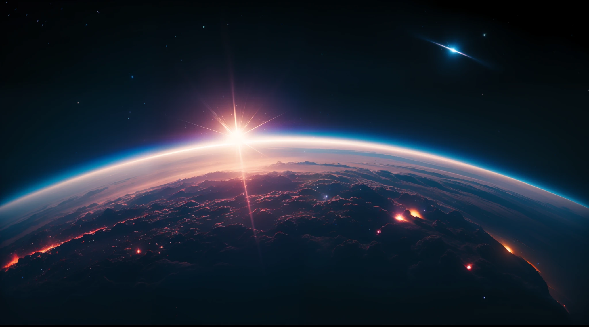 The vast universe, Planetary ground, sony a7, film gain, Cinematic lighting, Photorealistic, one-point perspective, 32K, diffuse reflection, colorful shiny particles, Lens Flare, sharp reflection light