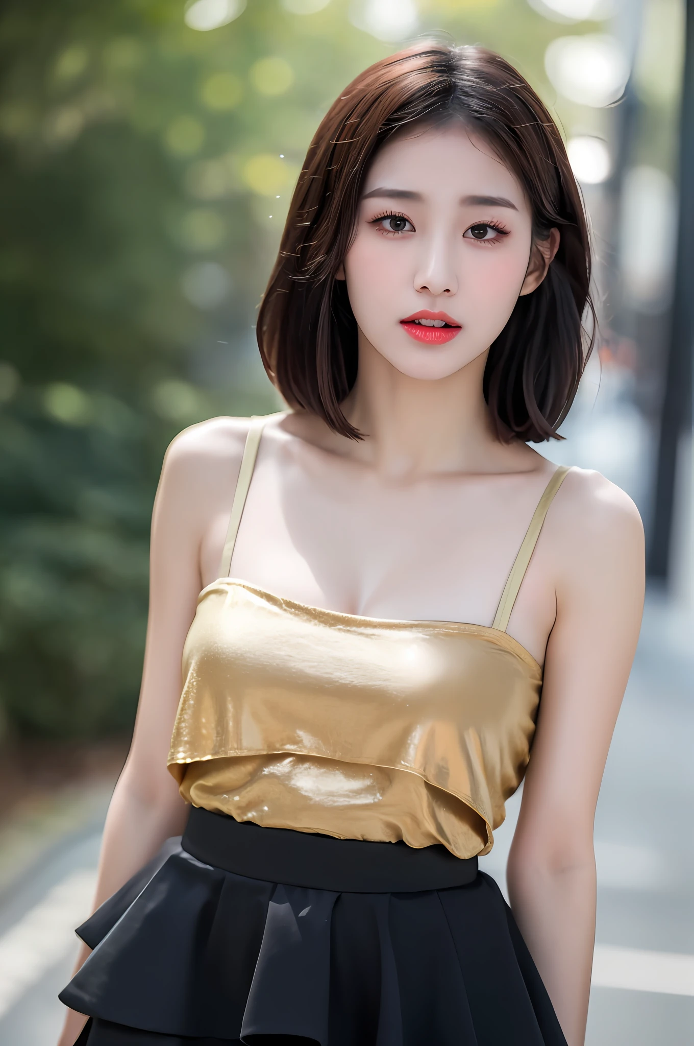 ((Best Quality, 8k, Masterpiece: 1.3)), Focus: 1.2, Perfect Body Beauty: 1.4, Buttocks: 1.2, ((Layered Haircut)), (Wet Clothes: 1.1), (Rain, Street:1.3), (Breasts: 1.2), (Hanfu: 1.2), Bare Shoulders, Bare Legs, Highly Detailed Face and Skin Texture, Fine Eyes, Double Eyelids, Whitened Skin, Long Hair, (Shut Up: 1.5), (Bokeh Background: 1.5), Big Breasts