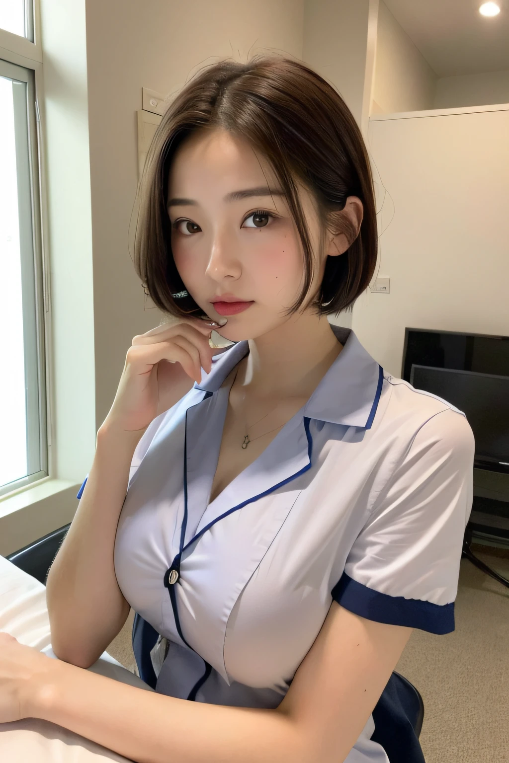 (top-quality、8K、32K、masterpiece、nffsw:1.2)、Photo of a cute Japanese woman、女の子 1 人、(Medium short dark brown hair)、(Colossal tits)、二重まぶた、White nurse uniform、White shirt、open-shirt、hospitals、Hospital Room、The upper part of the body、A sexy