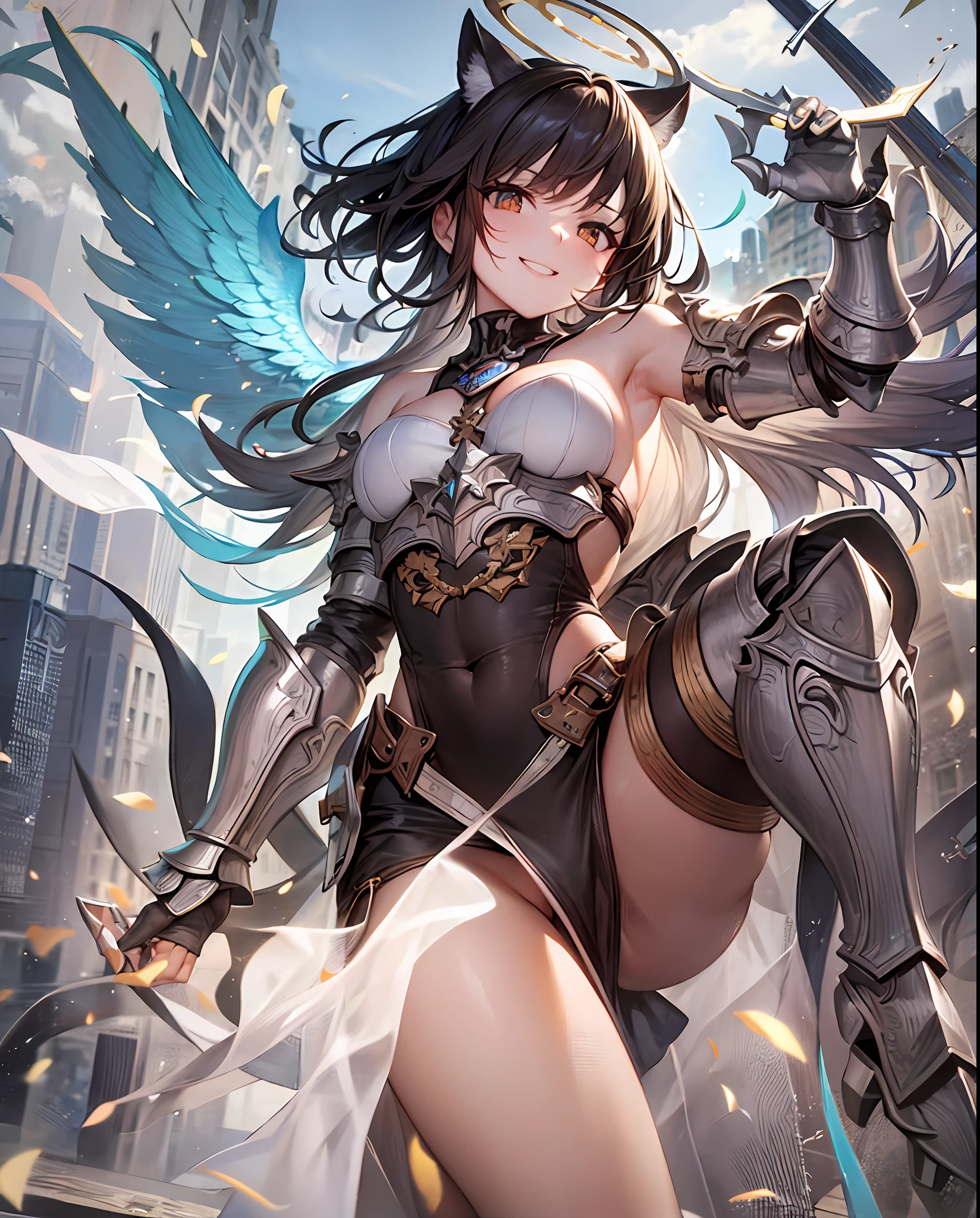 fantasy, 1angel_girl, loli,bwn_hair, medium_bob_hair, long_bangs, halo,bare_shoulder,thighhighs,silver_armor, waist_armor, large_breasts,grinning,teeth, 1pair_wings, dynamic_pose_fighting,floating, bare_crotch, headgear,gauntlet, greaves,city_sky_background,slightly_spread_legs, solo, groin_naked