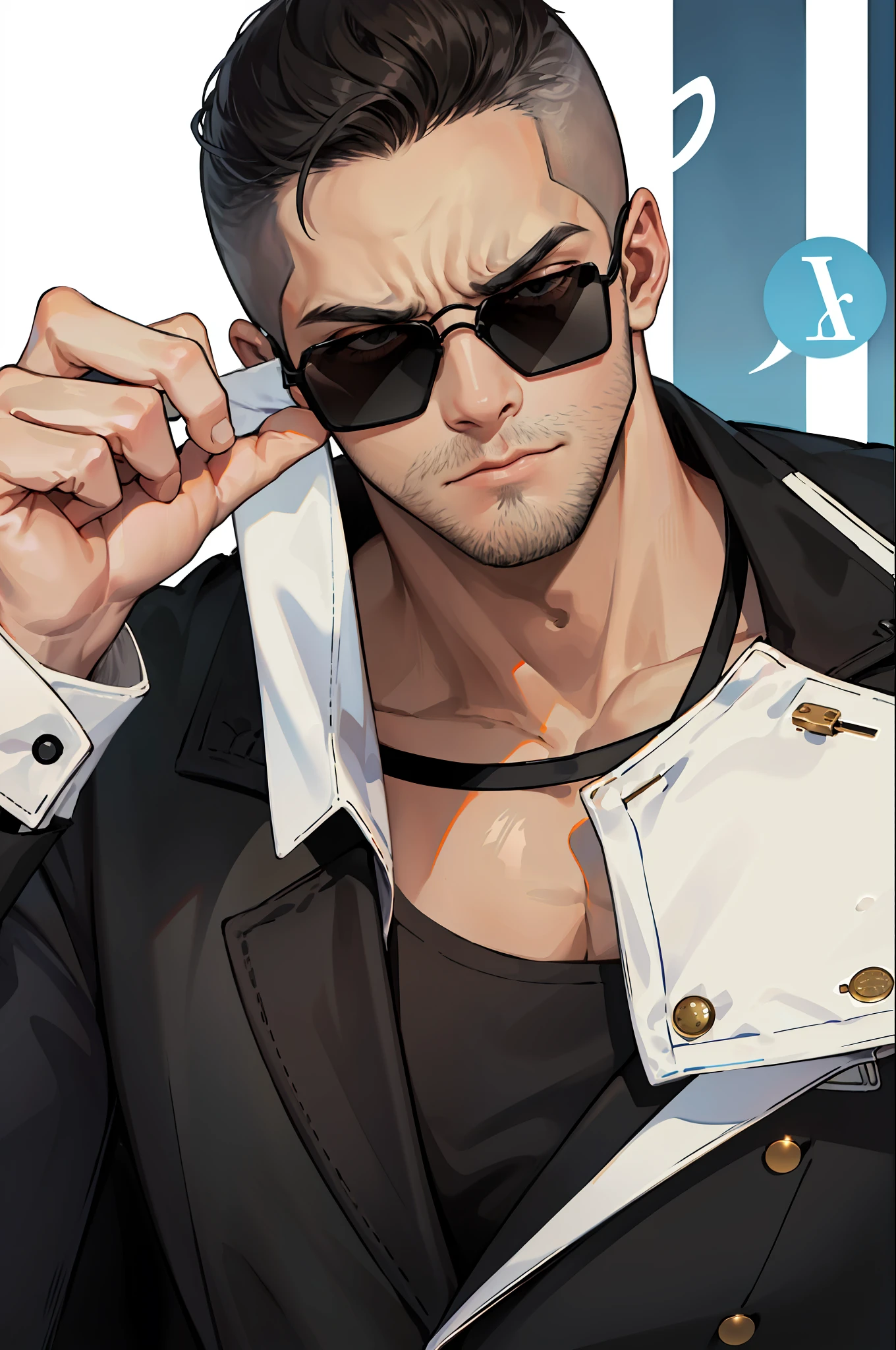 1 man, mature, middle aged, bald head, mafia, black sunglasses, black suit, annoyed frown, a little beard, cool face, 40 years old.
