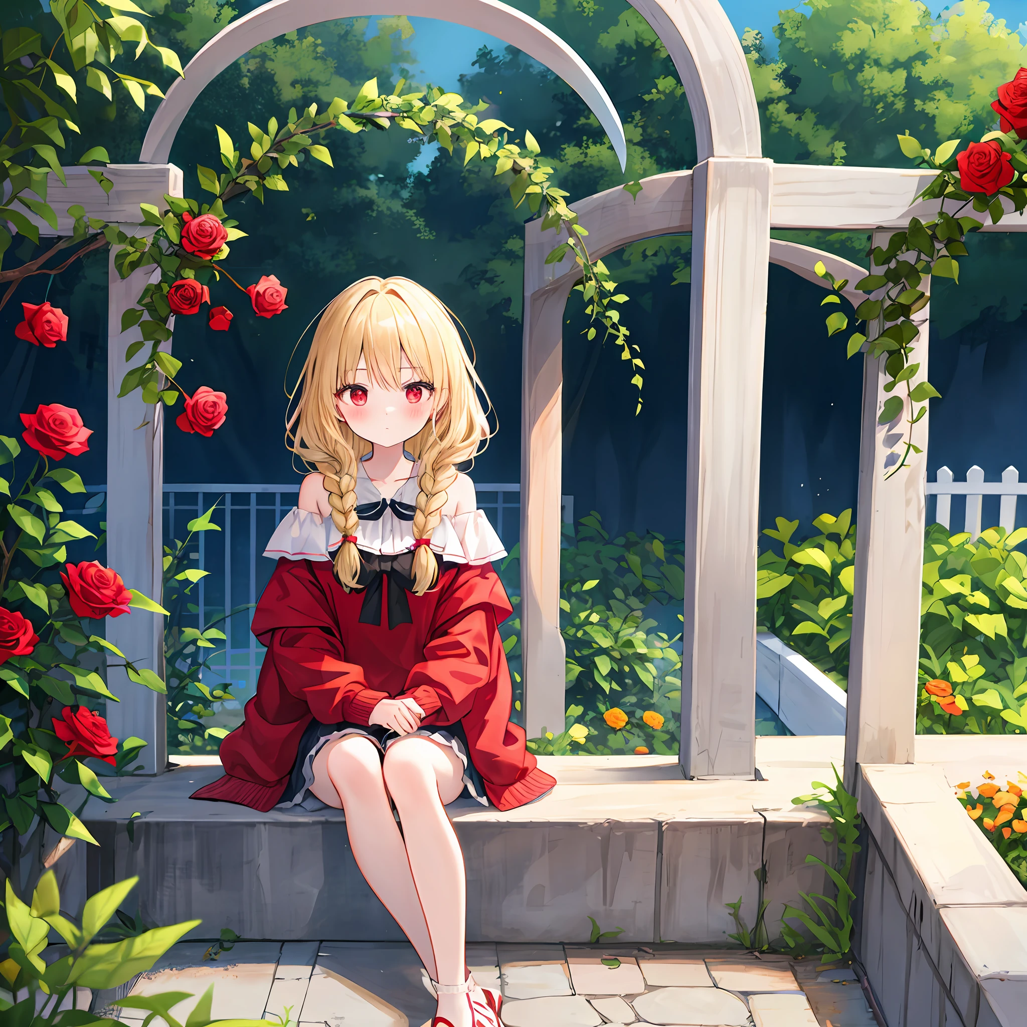Wavy blonde girl、red eyes、独奏、red blush、doress、off shoulders、rose garden、sitting on、Foot braids、LONELY