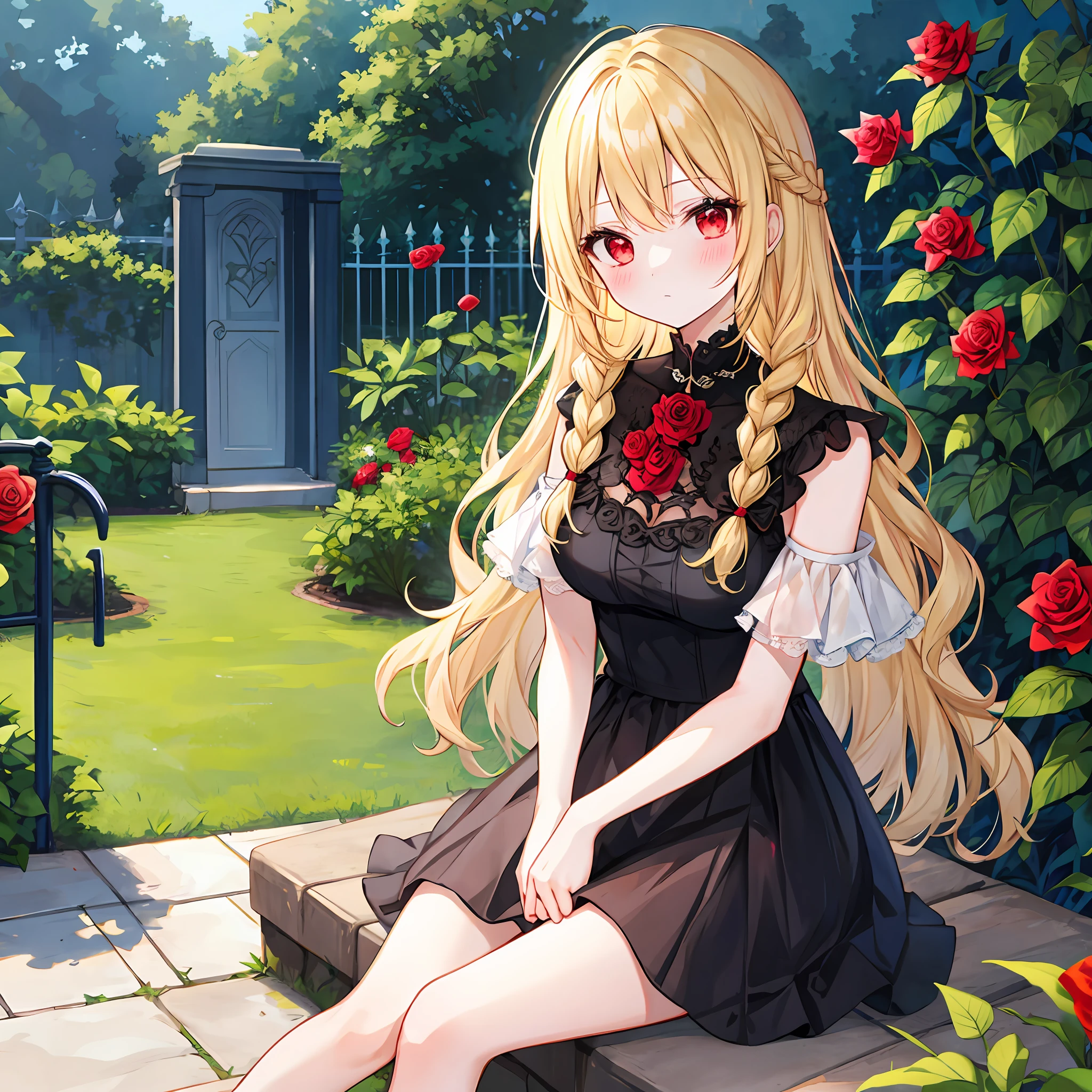 Wavy blonde girl、red eyes、独奏、red blush、doress、off shoulders、rose garden、sitting on、Foot braids、LONELY