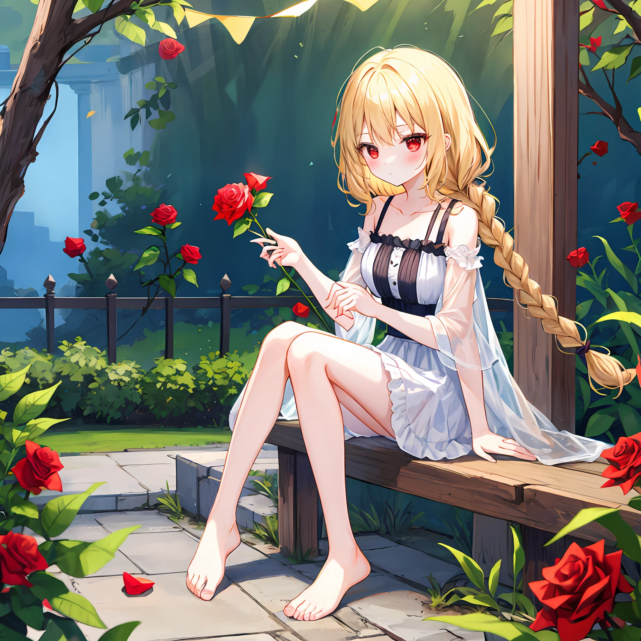 Wavy blonde girl、red eyes、独奏、red blush、doress、off shoulders、rose garden、sitting on、Foot braids、LONELY