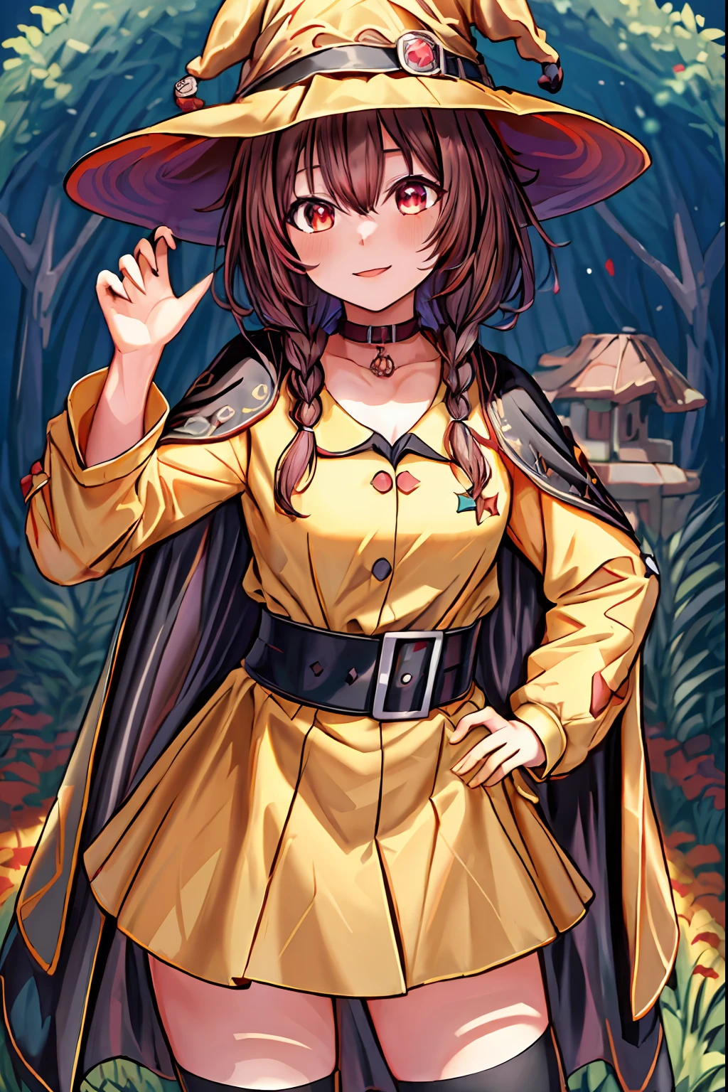 ((masterpiece)), (best quality:1.7), (detailed:1.4), (high res:1.4), 8k, (colorful:1.5), 2d, high resolution, sharped image, 4k, hd, korone,witch hat, red dress, detailed eyes,brown belt,long sleeves,((looking at viewer)) ((field)), ((black cape)),pose