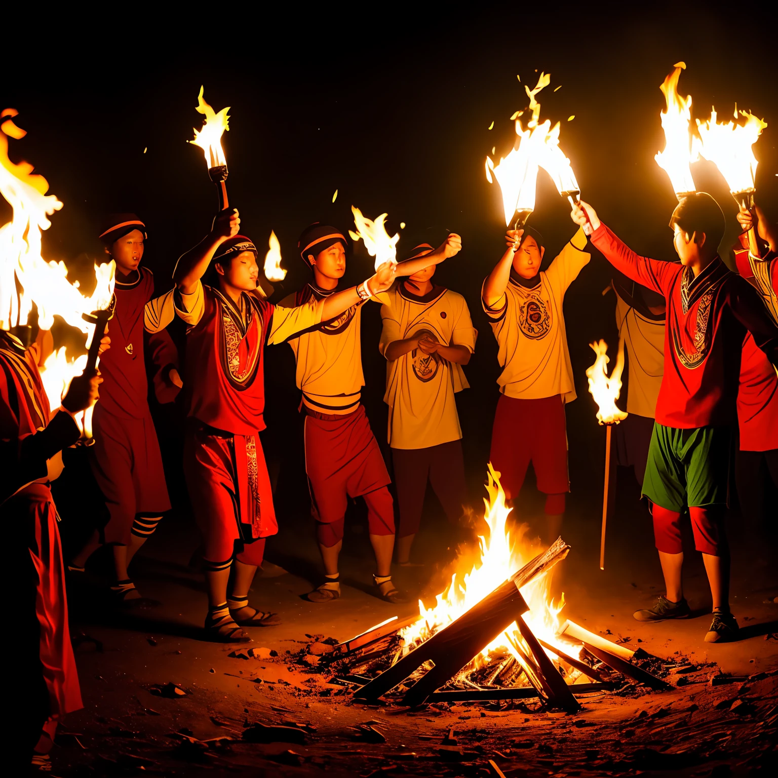 A group of Yi youths danced at night around a bonfire holding torches，Sony A7M4 shot，Cinematic texture --auto