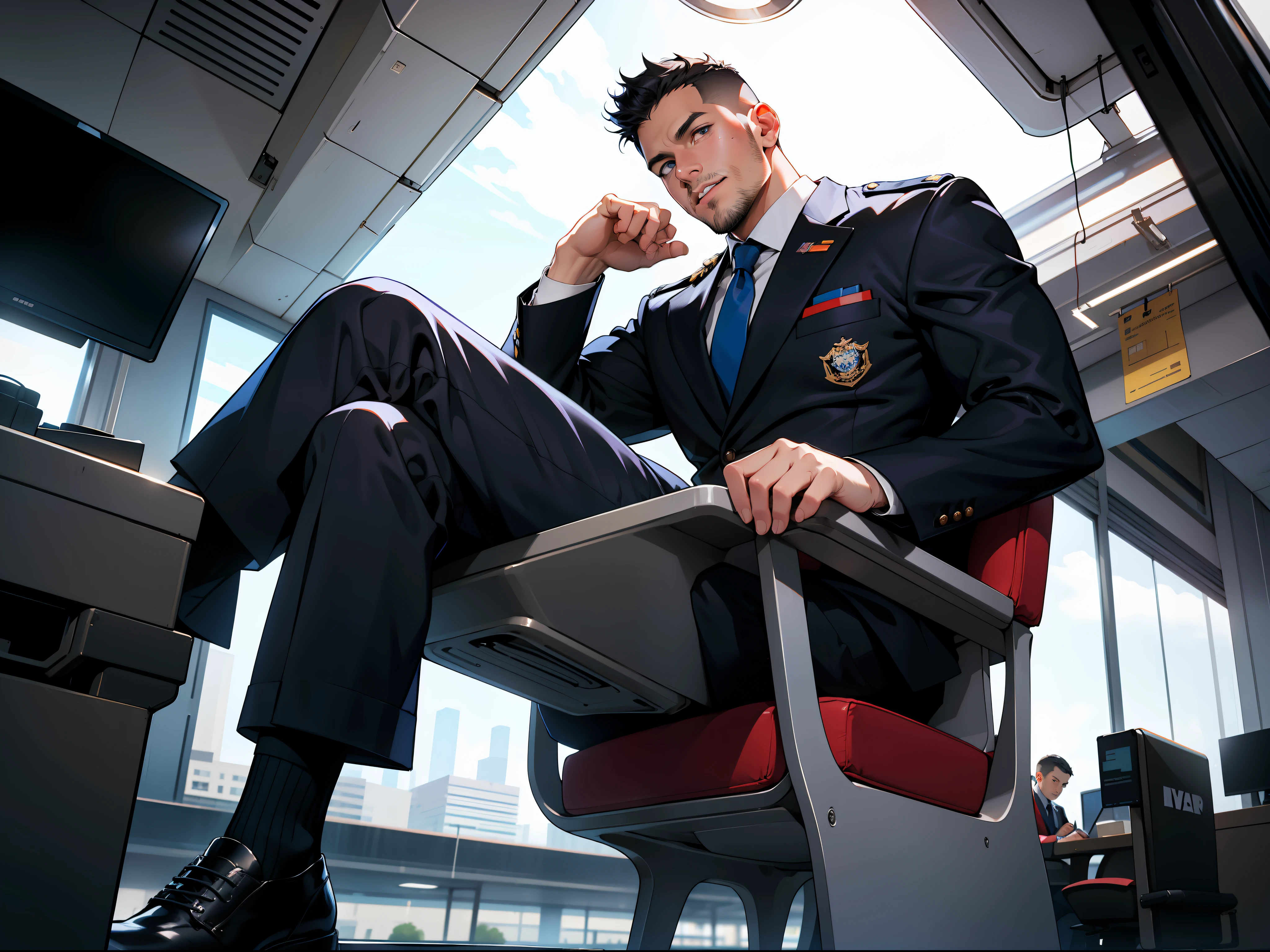 masterpiece, best quality, face, natural eyes, 1man, big feet, black socks, full body, (in suits), large bulge, long legs, looking at viewer, 30 years old, muscled and mature, pilot, pilot in uniform, short haircut, a pilot sitting on the desk with legs stretched, in the airport Office, blue eyes, flush, organism, face covered with white fluids, sweating, tight cloth, erecting