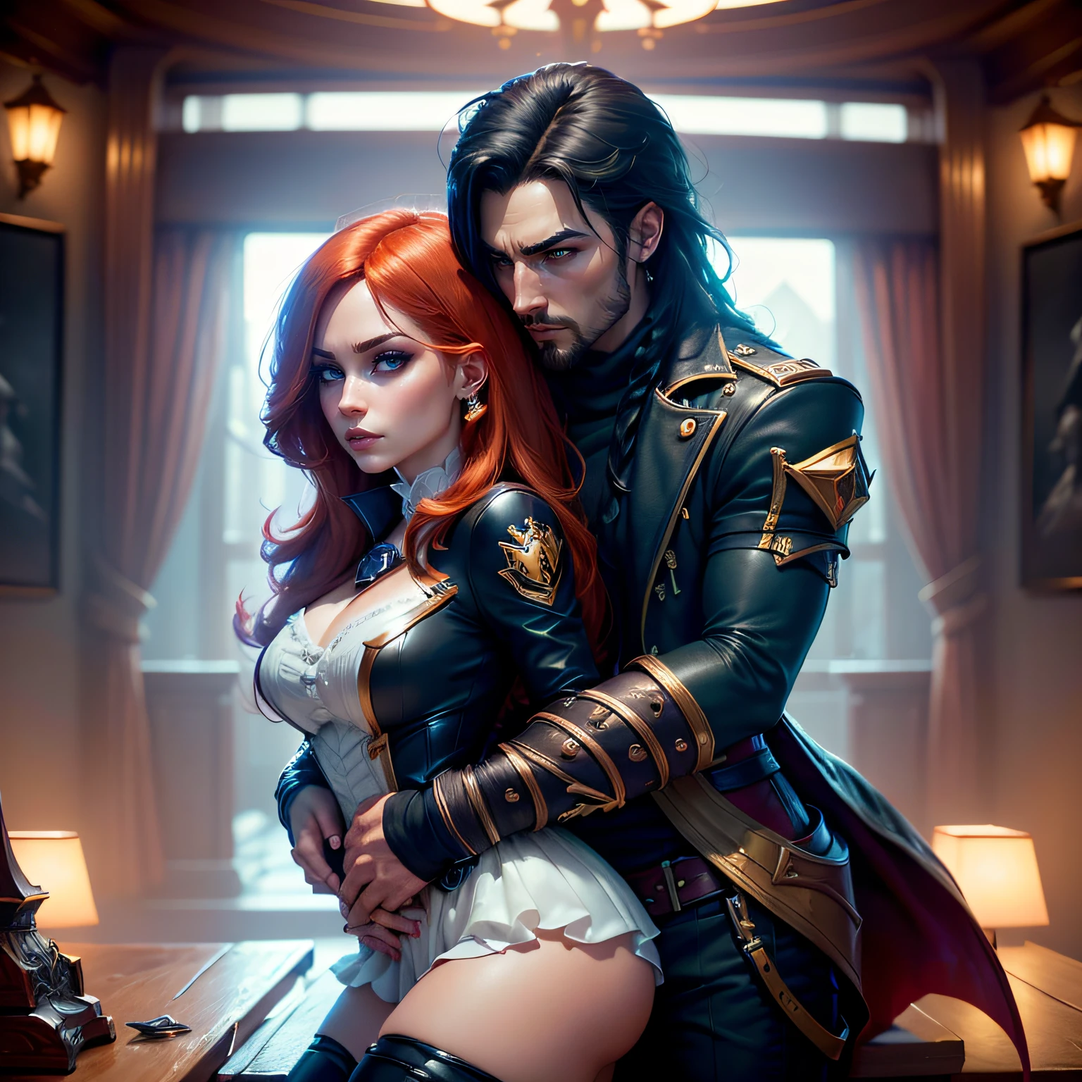 ((best quality)), (ultra - detailed),(dynamic angle), (Highest image quality) (Detailed eye description) ((masterpiece)) (((sylas and miss fortune))), hugging, ship deck, 1girl, 1boy, (((league of legends))), moody lighting detailed: face