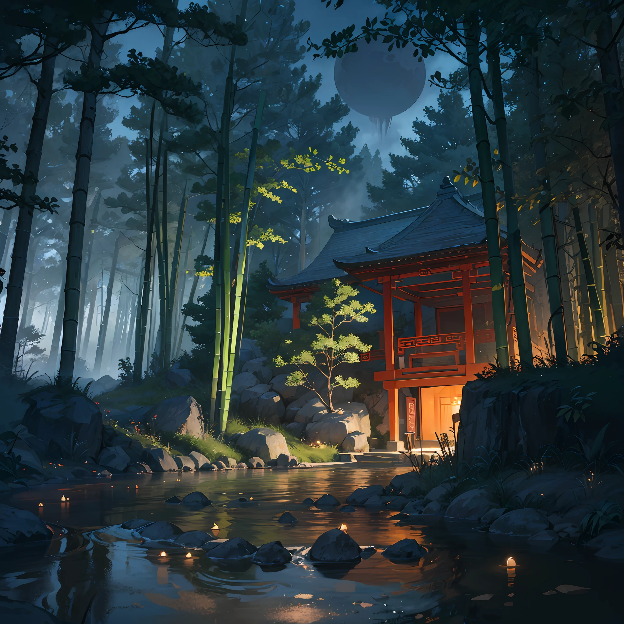 Ancient Chinese architecture, cool colors, dark night, moon, garden, bamboo, lake, stone bridge, rockery, arch, corner, tree, running water, landscape, outdoor, waterfall, grass, rock, dense fog, (Illustration: 1.0) , Epic Composition, HD Details, Masterpiece, Best Quality, (Very Detailed CG Unity 8k Wallpapers) --auto --v 6
