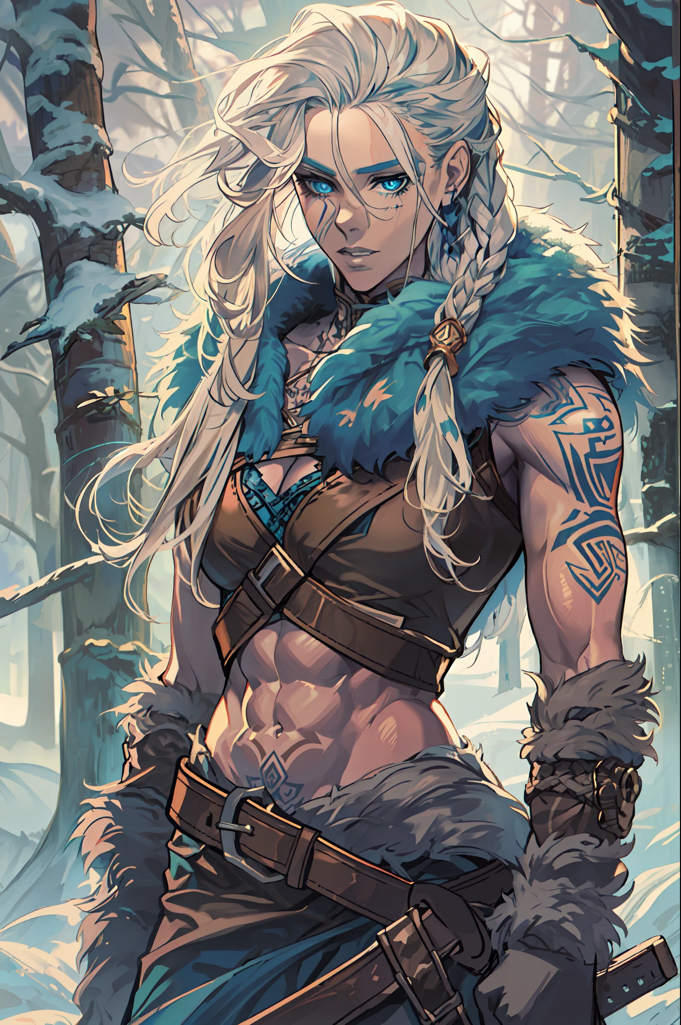 Female viking, (young:1.2), (muscular:1.2), fit, wearing brown furs and hides, (wearing furs:1.3) (blue norse tattoos:1.2), blue eyes, platinum blonde hair, (Dreadlocks:1.4), (Dreads:1.4), (Sideshave:1.4), warrior hair, Setting is a Scandinavian forest in winter, snow, bare arms, exposed naval, (abs:1.2). Highly detailed, norse, berserker, arm muscles, leg muscles, (bulky:1.2), leather straps, (large breasts:1.3), waist up, wide waist, stocky, (tall:1.4)