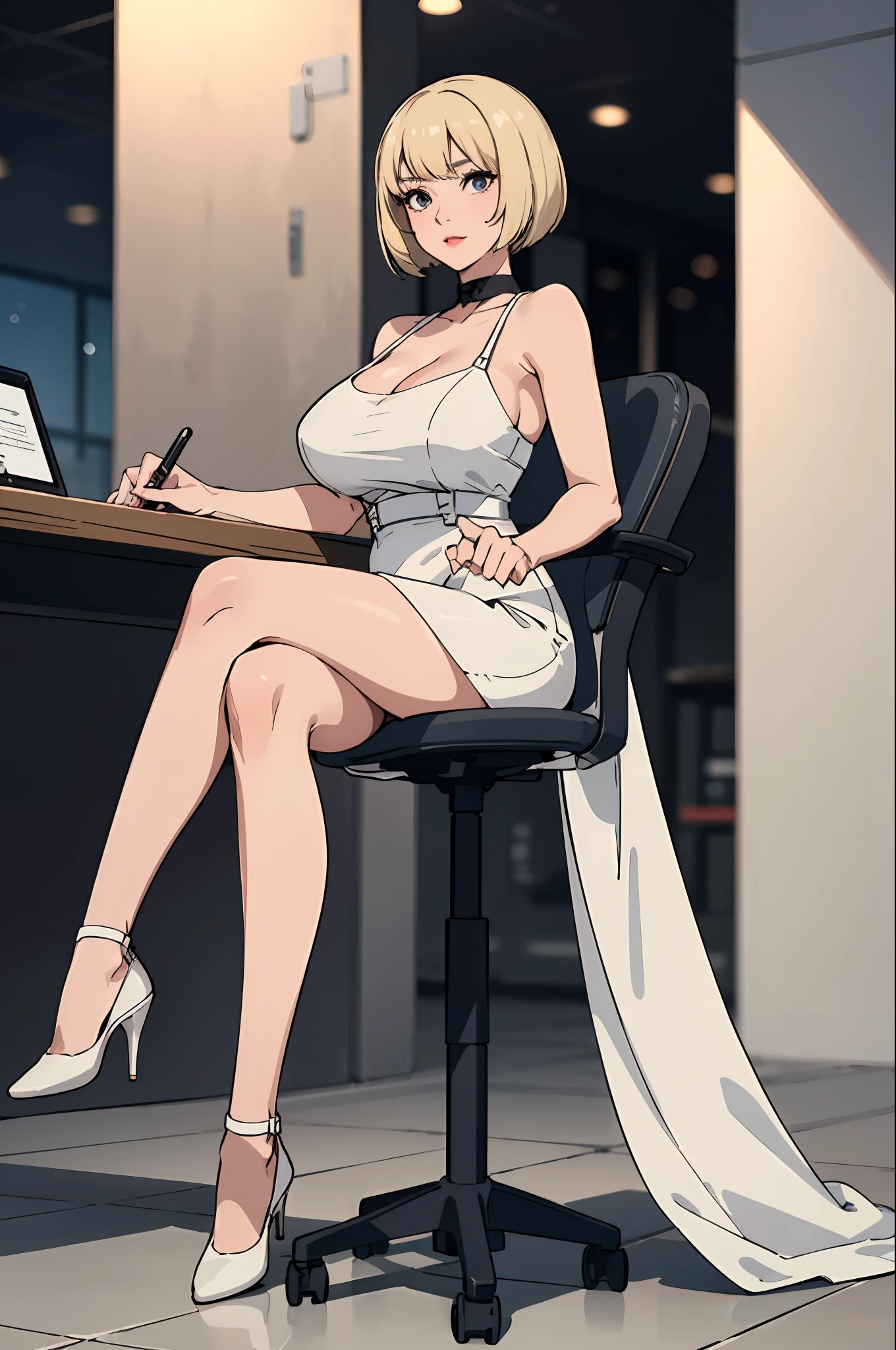 (natural makeup, big tits, seductive, motherhood, at_the_CEO_office, looking at the audience, sexy, full body, CEO lady, (mature woman, milf: 1.1), solo, (curve: 1.1), milf, modern office background, high heels, blonde hair, bob haircut, nfsw, stand, white tube dress, white short skirt, closeup face, absolute tube top,