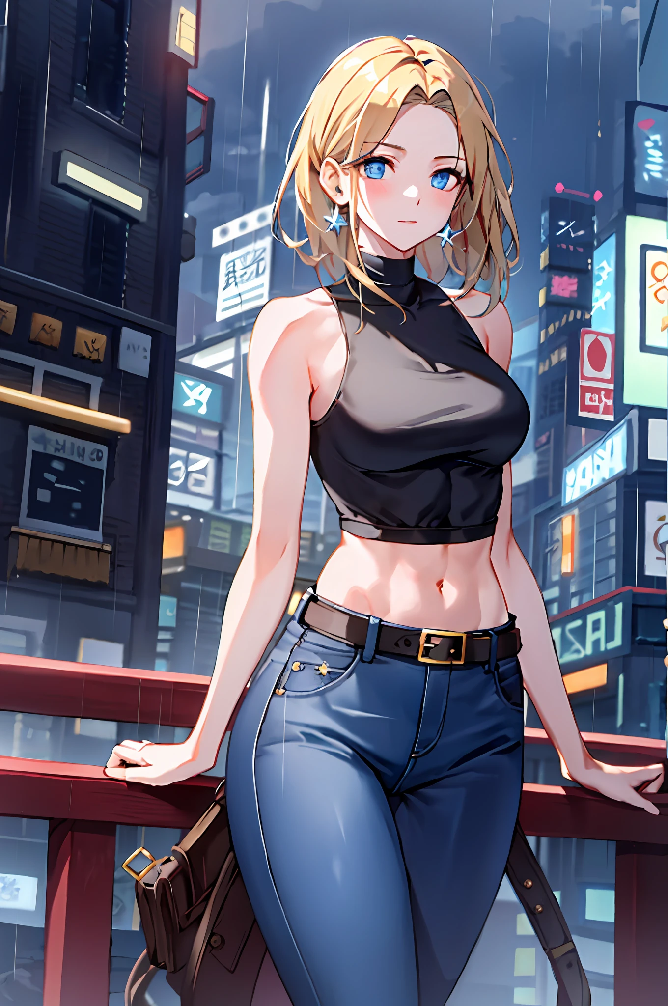 maryms, Best Quality,(beauty), 1girl,phisically-based render ,ultra highres,(cowboy shot:1.5),narrow waist, skinny, LeonaMS ,muscular, big blue eyes,long legs,jeans,leather belt,small breasts,puffy eyes, leather belt,(rainy city), shiny skin, facing viewer, Victory posture,