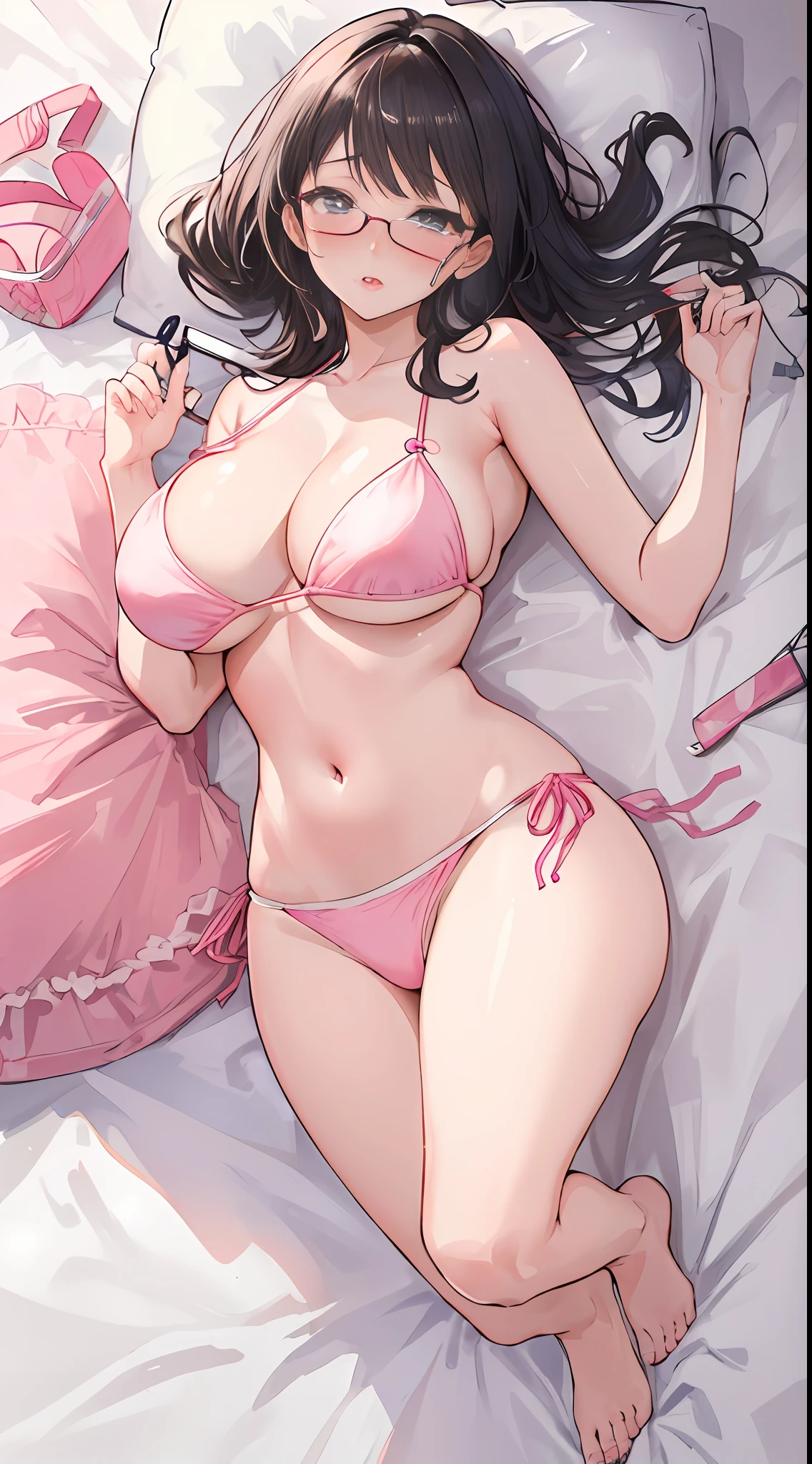 NSFW, 30-years old, large chest that hangs down, ((Tight pink and white bikini:1.3, Hentai Tube Top:1.3)), Sheer are visible, (Perverted, Very beautiful animation, Dynamite Body (A dark-haired),  (​masterpiece, top-quality, in 8K, (realisitic), Animated GIFs:1.2, THE ULTIMATE ANIME ILLUSTRATOR:1.2, hight resolution), (Tears), (Beautiful leg lines:1, thick thight:1.2, Long straight hair, (pectoral focus:1.1)), Hentai on the legs spread on the back, Realistic and detailed thighs, cum on, (独奏), Detailed skin, Tight skin, Rut, (Kinky thigh details), (eye glass, jumpy convulsions:1.3), On the futon, red blush, Best proportions, Perfect barefoot, (From  above), (Extremely beautiful face, A detailed face, Very beautiful eyes and nose, Detailed eyes and noses), Very beautiful breasts, Detailed chest, Detailed hentai papillae, Very beautiful areola, perspiring, (estrus from the crotch), (Pleasure hentai face:1)