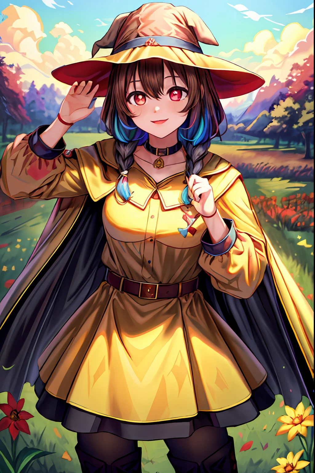 ((masterpiece)), (best quality:1.7), (detailed:1.4), (high res:1.4), 8k, (colorful:1.5), 2d, high resolution, sharped image, 4k, hd, korone,witch hat, red dress, detailed eyes,brown belt,long sleeves,((looking at viewer)) ((field)), ((black cape)),pose