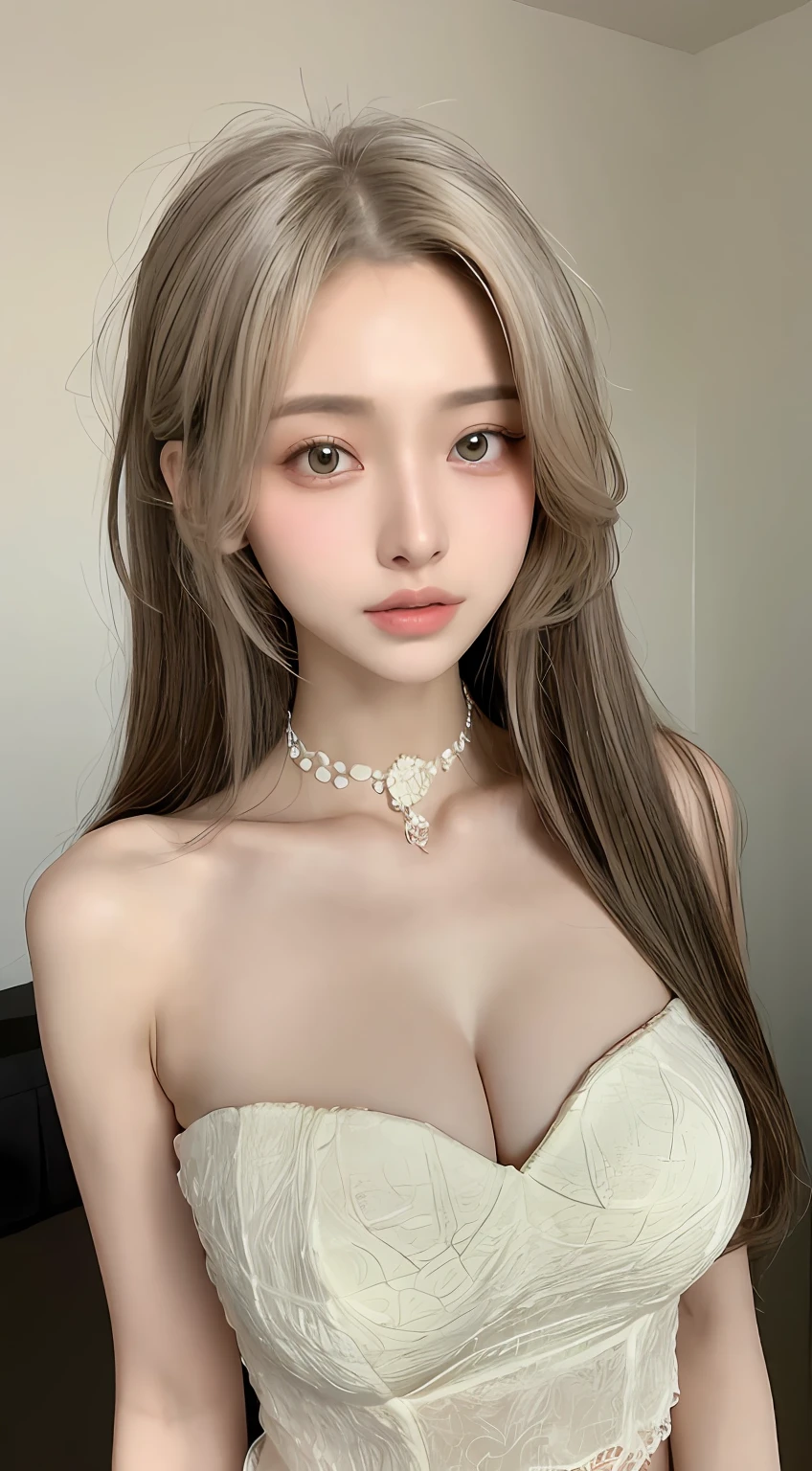 perfect figure beautiful woman：1.4，Layered Hair Style，Protruding cleavage：1.2，Wear only bandeau：1.5，Highly Detailed Face and Skin Textur，二重まぶた，Whiten the skin，long whitr hair，Collar