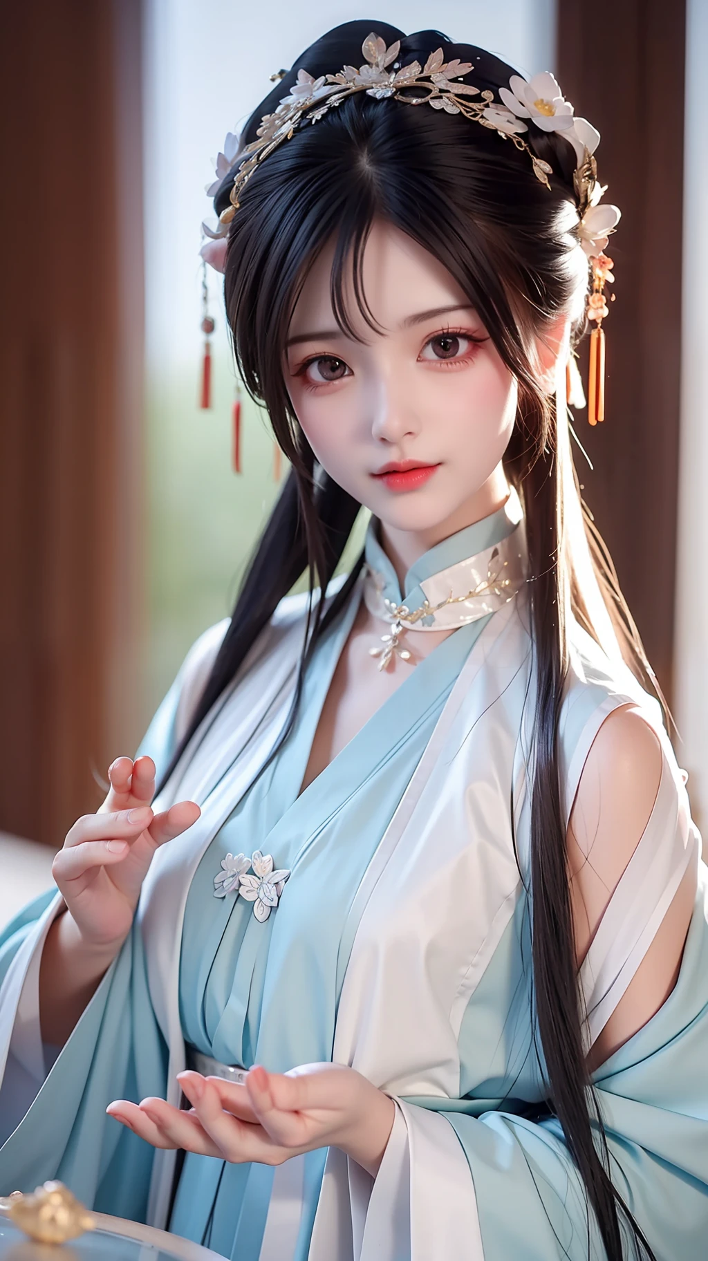 (Daisaku),(Need),(Super meticulous),best qualtiy,tmasterpiece,A high resolution,a beauti,Blushlush,Bright big eyes,Chinese Hanfu,Luxurious tiara,White light gauze hanfu, Xianxia, conservativelydressed,choker necklace,jewelry,beautfully face,A portrait of a lifetime,4K,(beautiful detailed face),(美丽细致的眼睛)k hd,Unbeatable masterpiece(Delicate facial portrayal)(Fine hair depiction)(highest quality)(Master masterpieces)(High degree of completion)(Bust)(a sense of atmosphere)(faeries)