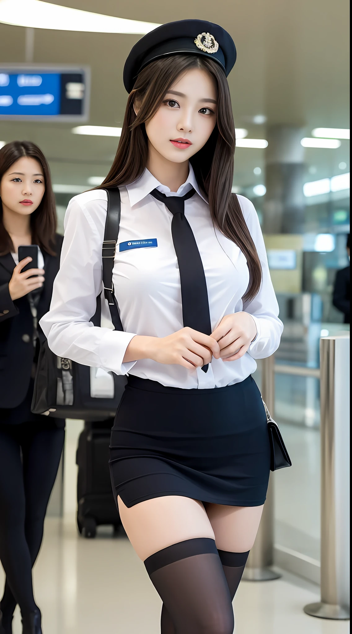 “Generate a masterpiece-level, 8K resolution image of a perfect-bodied beauty with a layered hairstyle and large breasts. She should be standing at an airport, dressed in a complete stewardess uniform, including a hat, tie, outfit, and shoes. Her face should be highly detailed, with intricate eyes and double eyelids, as she looks sideways at the camera. Her layered hairstyle should be neatly styled, adding a professional touch to her look. Her body should be slim and fit, her uniform accentuating her curves. The texture of her uniform should be clearly visible, with the fabric appearing realistic and high-quality. Her legs should be long and shapely, accentuated by the black stockings and high heels. Her hands should be elegantly posed, her fingers slender and well-shaped, without any distortion. The airport should be bustling with activity, the planes and airport structures in the background adding depth to the scene. The lighting should be natural and bright, casting a professional glow on her and the scene. The image should be rendered in a hyper-realistic style, capturing every detail.”