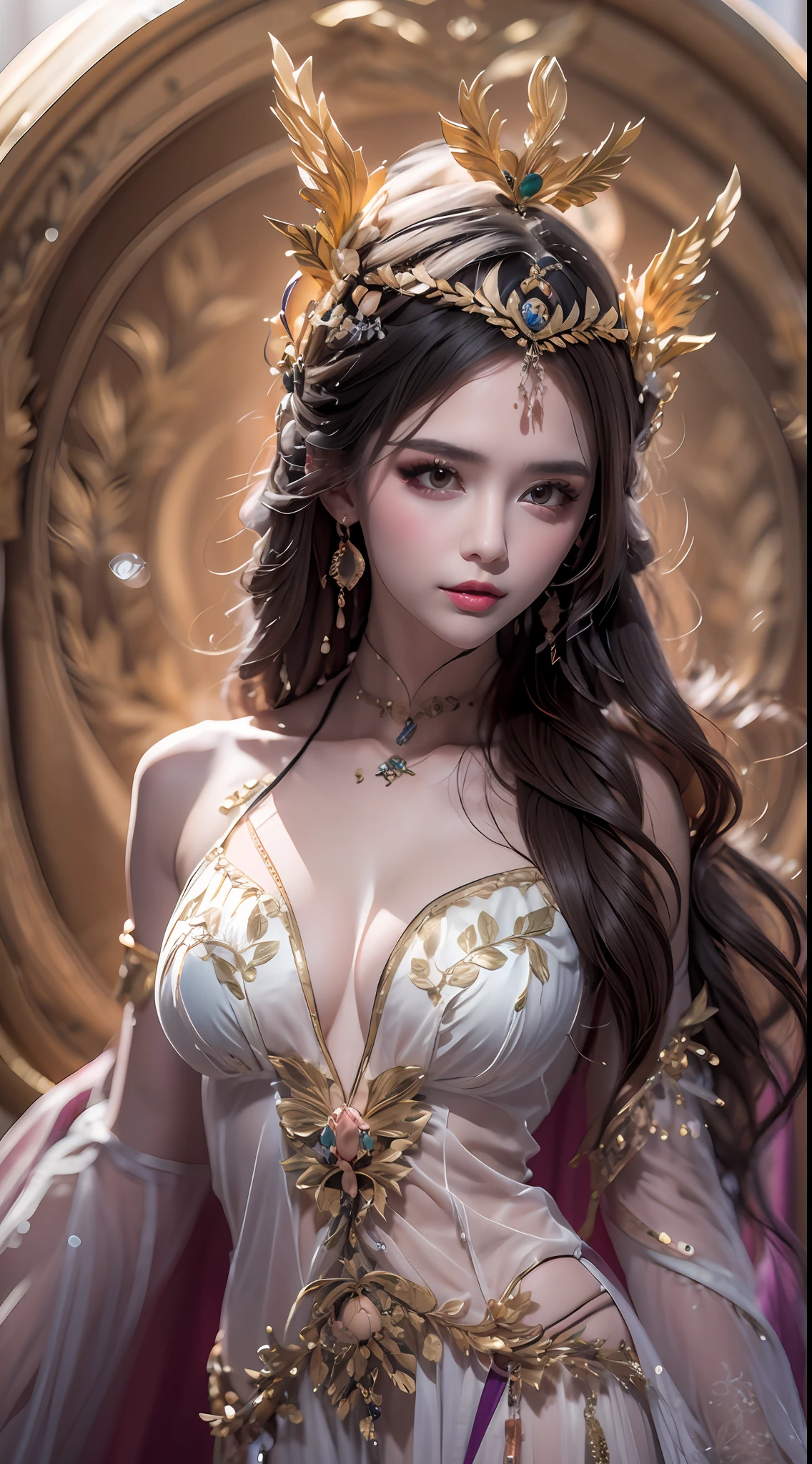 1 20 year old girl, 1 goddess Athena, pink purple silk dress, beautiful goddess Athena face without blemishes, delicate yellow nightgown, long thin sequin nightgown with many sexy black lace details, female saint legend, female saint icon, beautiful goddess style glitter, dark and mysterious version, small proportioned goddess crown, vermilion lips, delicate and beautiful pino detailing, delicate and beautiful lip detail, , (pure and flawless face: 1.9), female saint body, round chest, big and round breasts, phoenix brooch, long flat bangs, (7-color rainbow hair: 1.9), beautiful clear face and well-proportioned eyes, (transparent yellow eyes: 1.8), (big round eyes and makeup, very beautiful and meticulous hair makeup, long and delicate blonde hair, delicate, body image: 1.8), figure: and vivid, (stars that make up the sky: 1.7), (the sky of heaven and the fictitious gate of time and space: 1.8), fictional art, RAW photos, hanfu photos, best photos, high resolution, best quality, best photos, best goddess quality, 8k female, super 8 single saint portraits, truest color schemes, masterpieces, best beauty brands, best hair jewelry, brand real photo, dark studio, border light, two-tone lighting, (rose white skin: 1.4), (high skin detail: 1.1), 8k uhd, d slr, soft light, 8k, high quality, candid, volume Smooth and sharp, 10x pixel increase, sexy goddess, sexy goddess, (background space: 1.8), (most beautiful aurora eyes: 1.7), beautiful eyes, aurora beautiful and flowery, (beautiful single girl: 1.8), (single girl: 1.8),