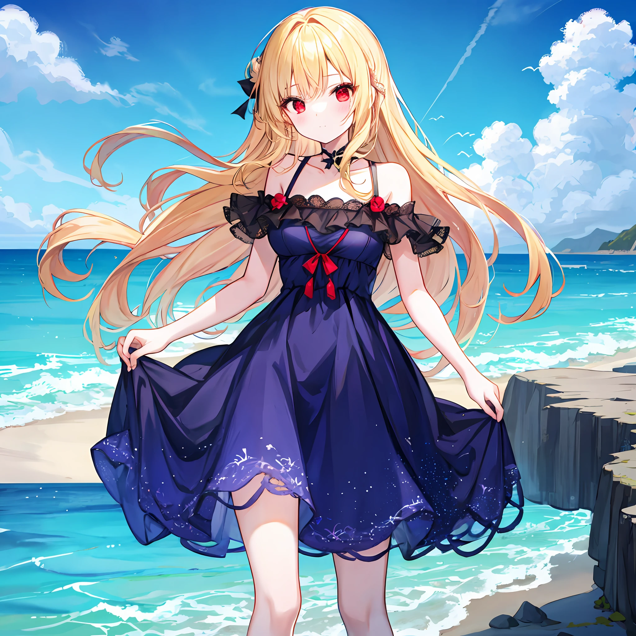 hair wavy、a blonde girl、独奏、red eyes、Dark blue dress、sea side、A sexy、lonely