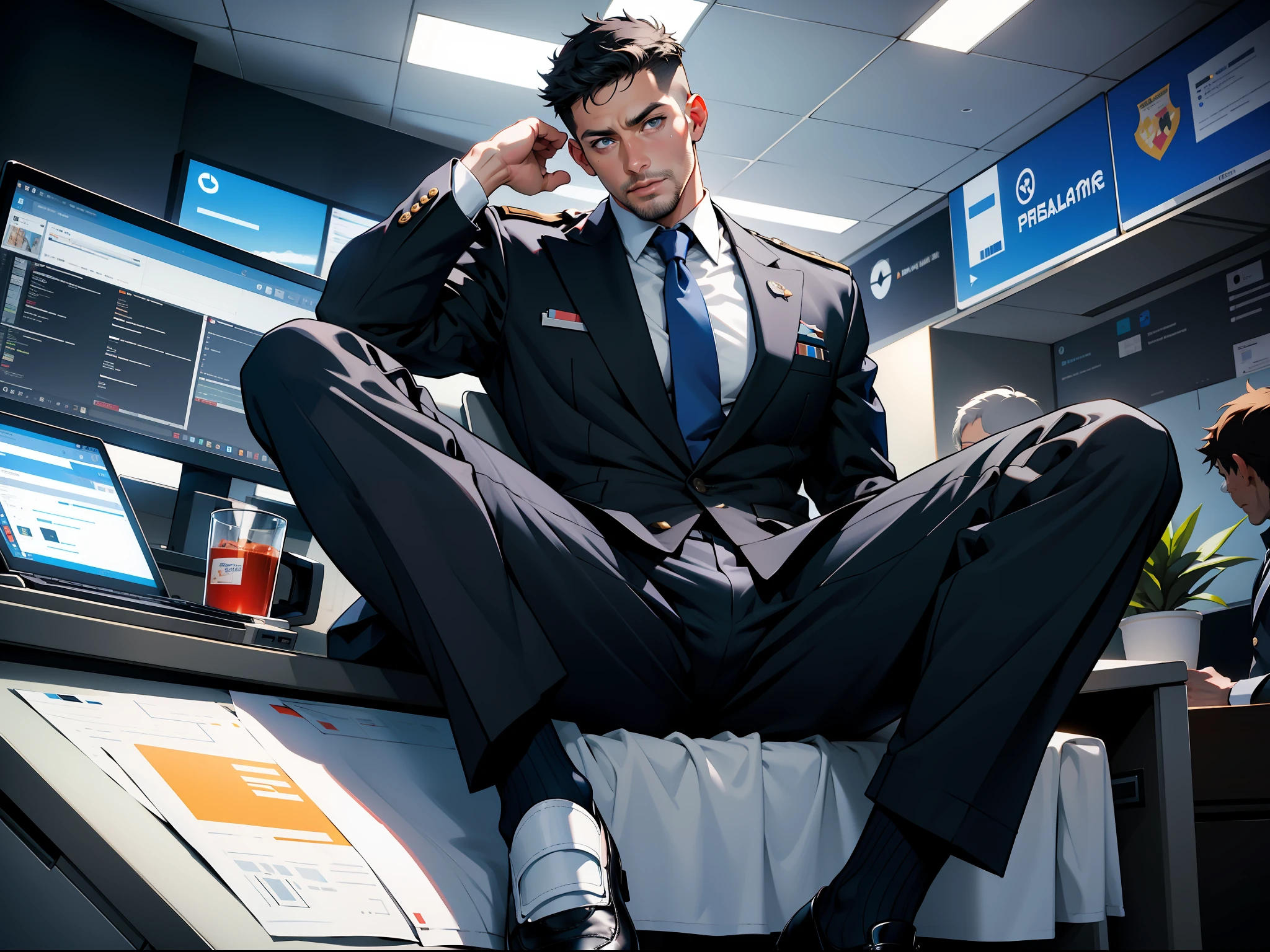 masterpiece, best quality, face, natural eyes, 1man, big feet, black socks, full body, (in suits), large bulge, long legs, looking at viewer, 30 years old, muscled and mature, pilot, pilot in uniform, short haircut, a pilot sitting on the desk with legs stretched, in the airport Office, blue eyes, flush, organism, face covered with white fluids, sweating, tight cloth, erecting