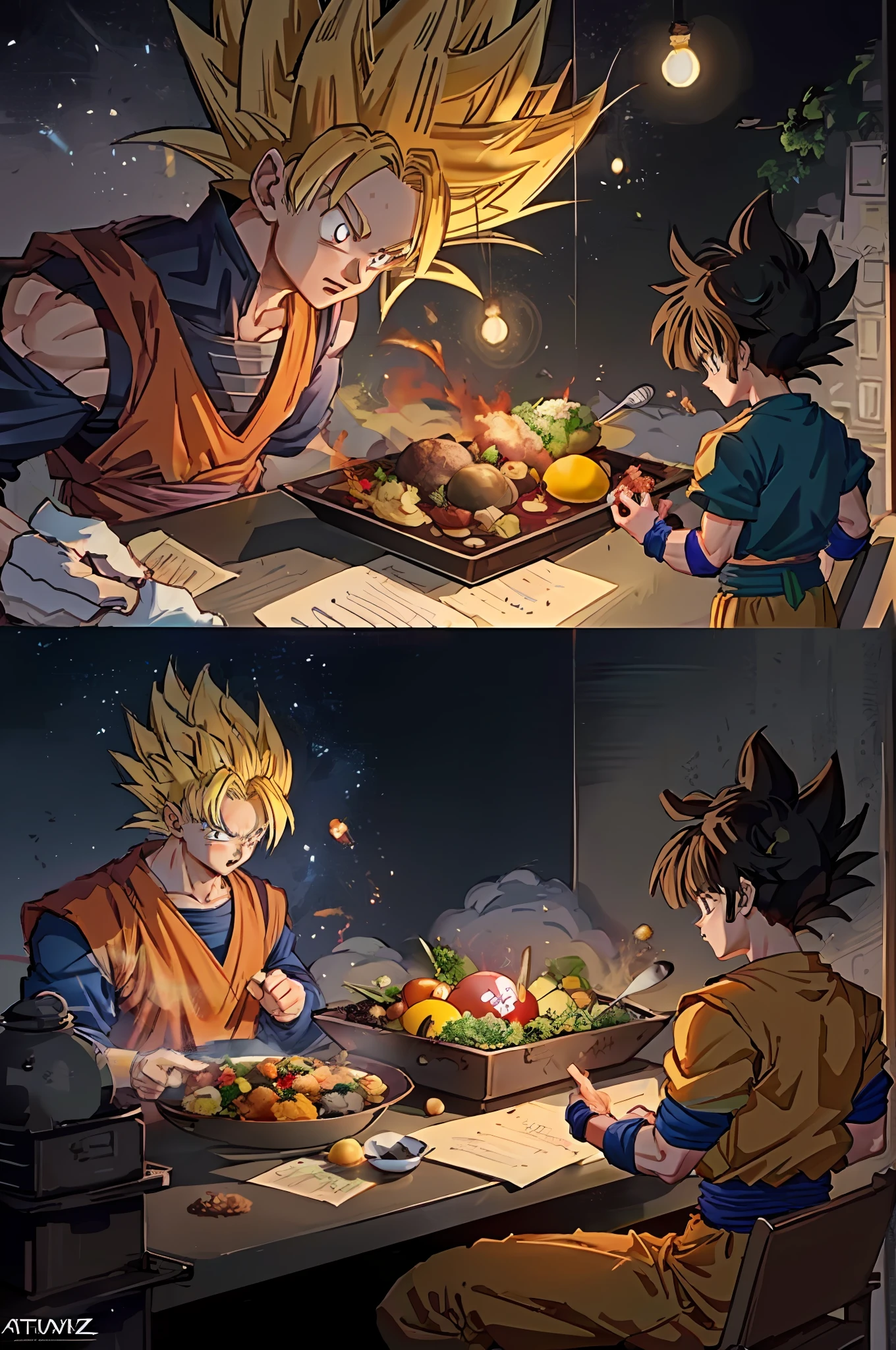 Dragon Ball Goku and Gohan eat dinner together, Dragon Ball, Son Goku, dragon ball artstyle, Dragon Ball style, dragonball, dragon ball z style, highly detailed exquisite fanart, ❤🔥🍄🌪, dragonball z, dragonball z, trending on artstation pixiv, goku in real life, DBZ, In anime style